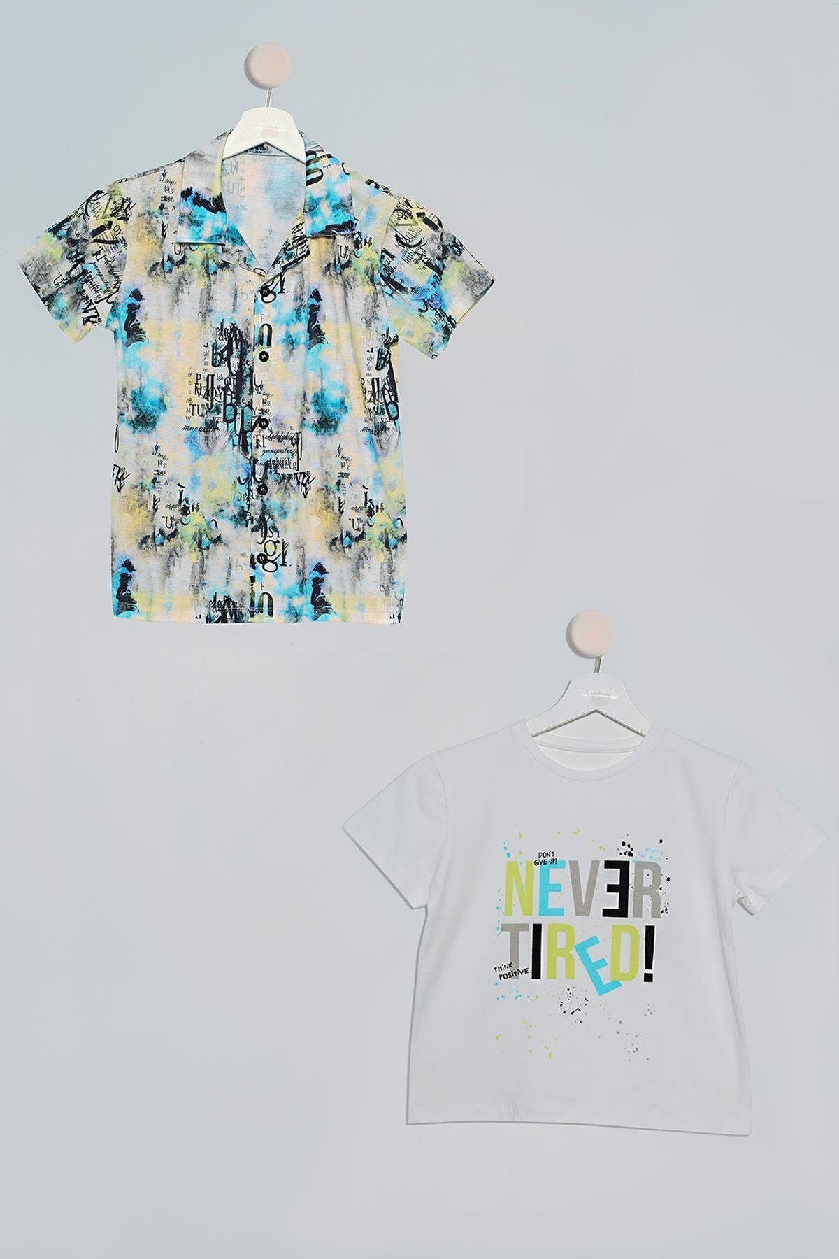 For You Moda Frackhemd Gelb Blau Bedrucktes Hemd T-Shirt Set