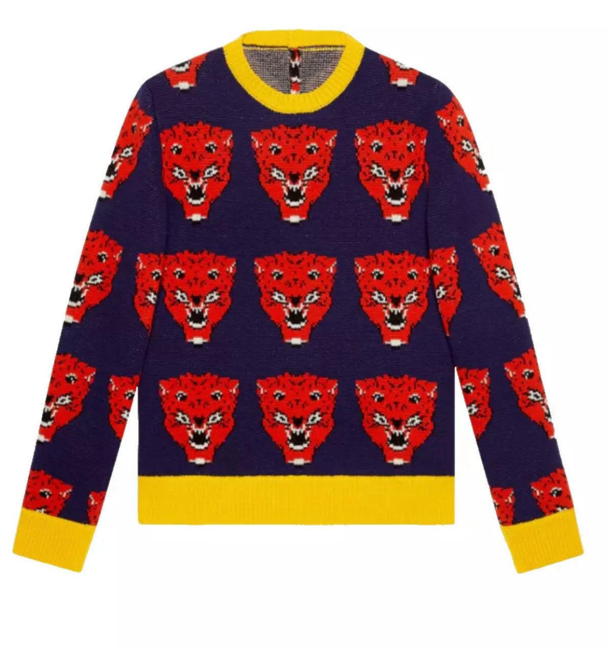 GUCCI Strickpullover Angry Cat Tiger Pullover Allover-Jacquard-Strickmuster mit kontrastierenden Bündchen