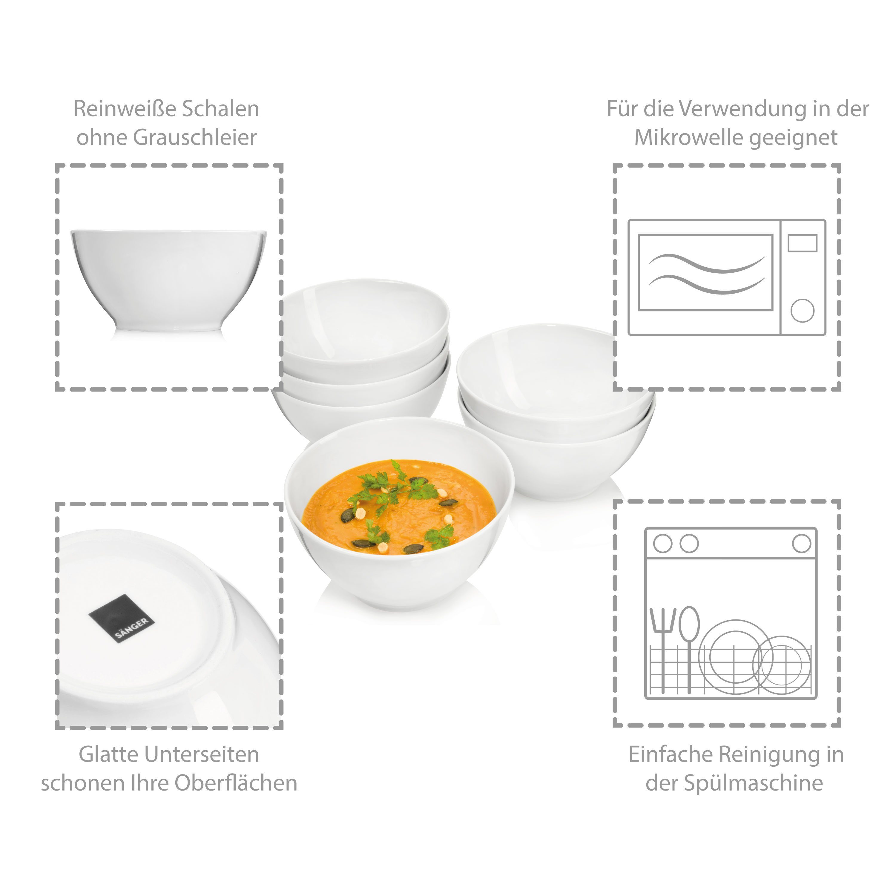 Suppenteller Sunfort rundes Set, Suppenschalen Porzellan Design, 900ml, (6 SÄNGER St), Weiß,