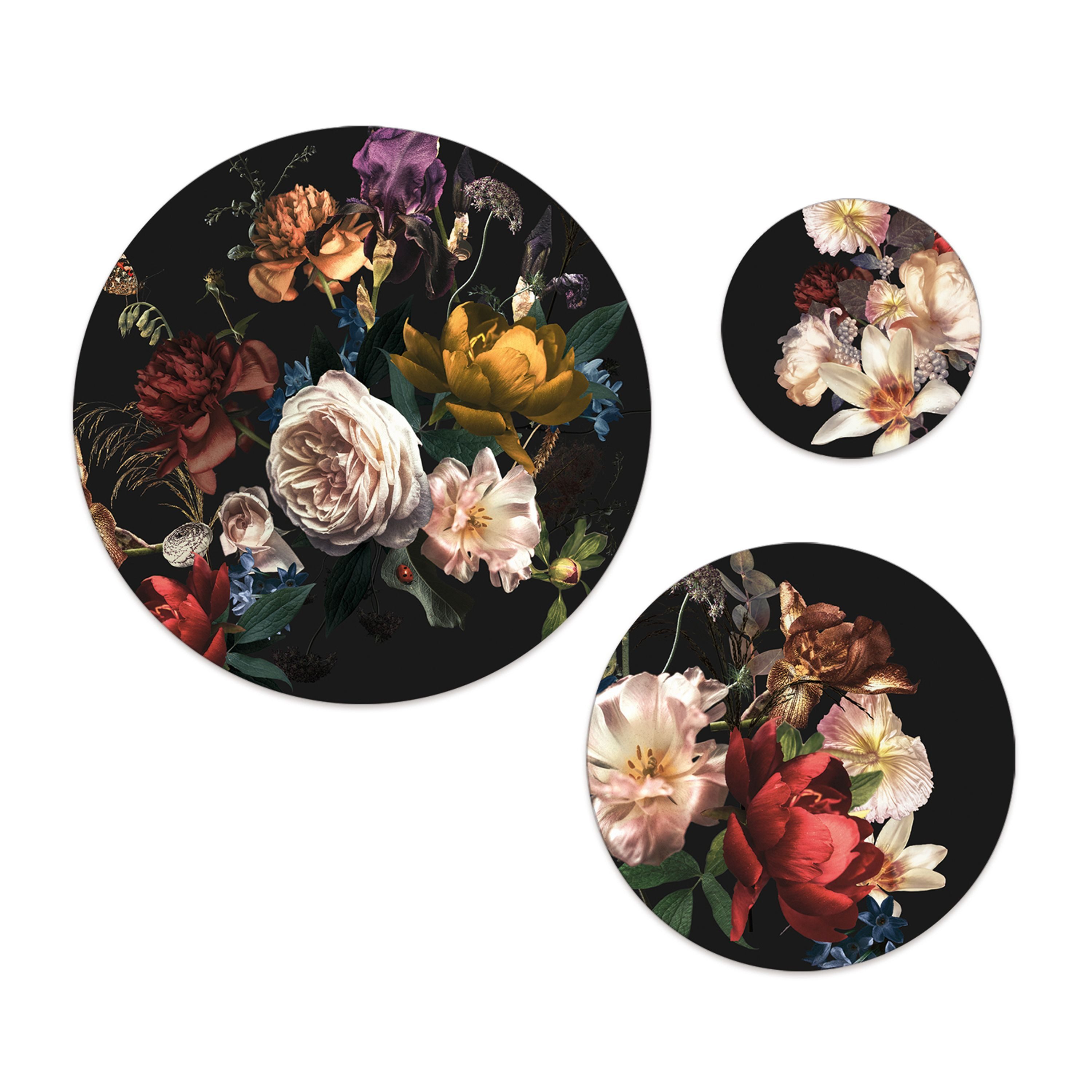artissimo Mehrteilige Bilder Bilder-Set 3-teilig 55/40/25 cm runde Wandbilder - Wanddeko schwarz, Blumen: Vintage Blüten auf schwarzem Hintergrund