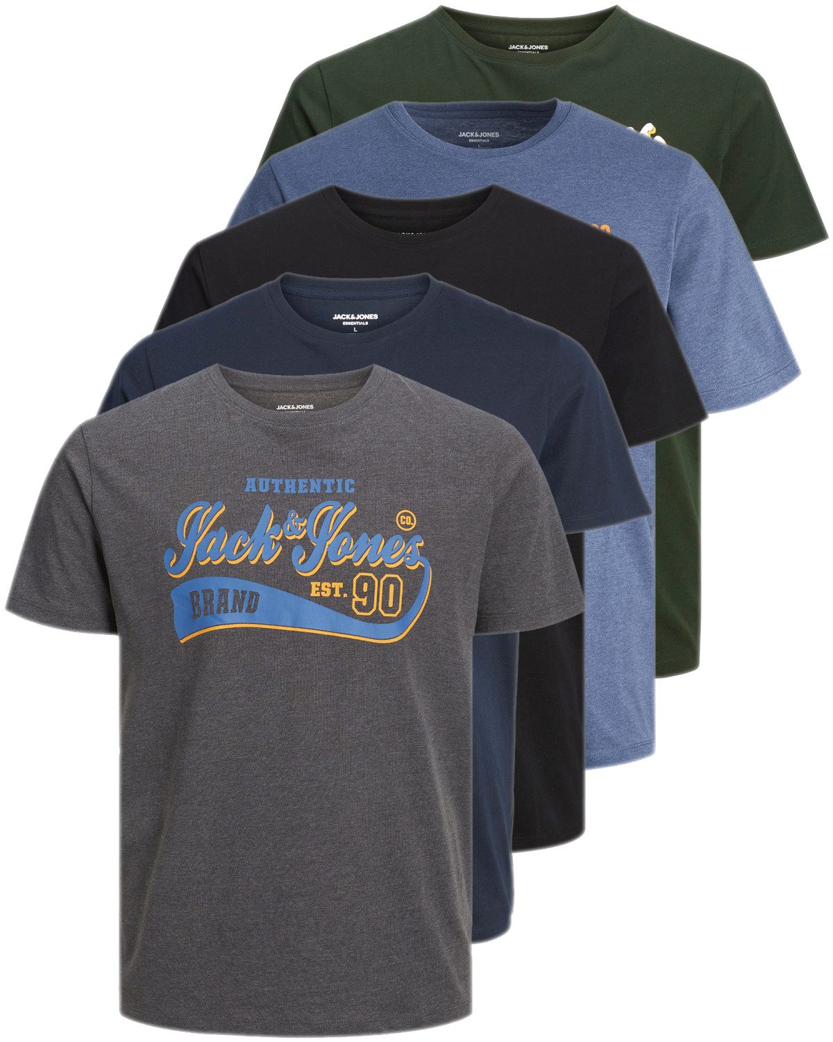Jack & Jones Plus Print-Shirt Weites Shirt mit Printdruck (Spar-Set, 5er-Pack) unifarbenes Oberteil aus Baumwolle in Übergröße, Größe 5XL