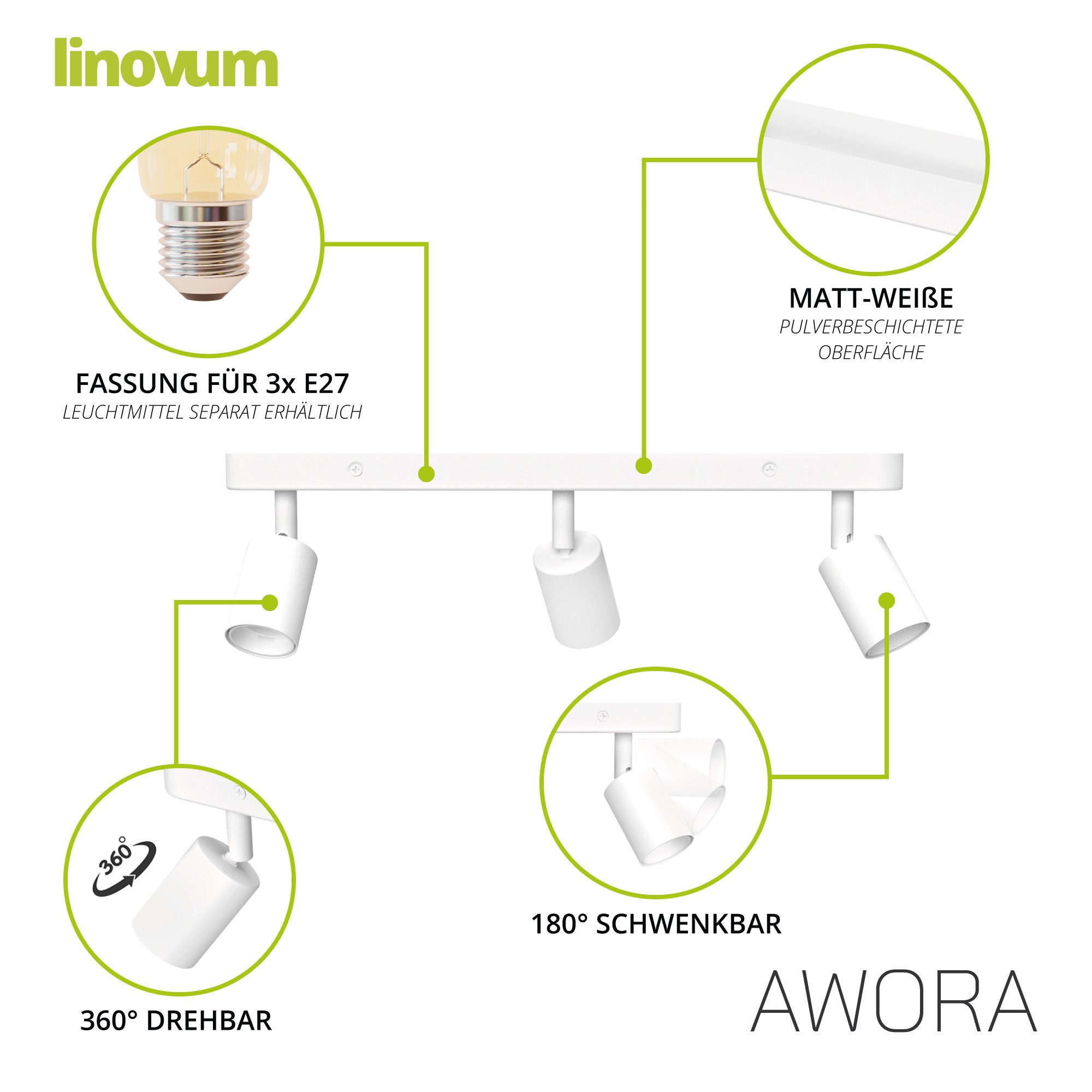 linovum LED Aufbaustrahler AWORA Deckenlampe 3 flammig weiß schwenkbar mit 3x E27 Fassung Spot