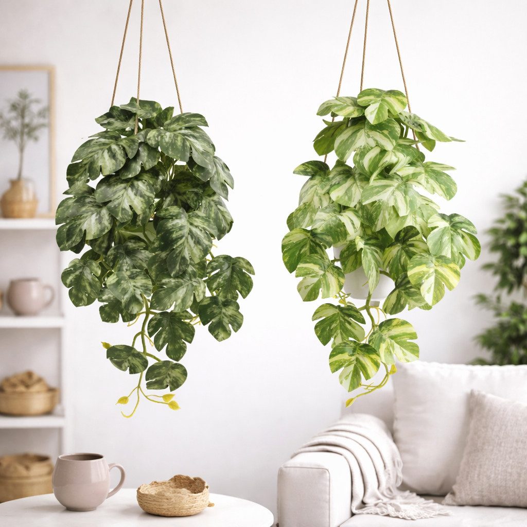 Kunstpflanze Künstliche Hängepflanzen im bruchfesten Topf, Hängepflanze künstlich Efeu, Monstera, Philodendron, Calathea, Pfeilblatt, Mosaik- & Zebrapflanze, PASCH, Bruchfester weißer Kunststofftopf