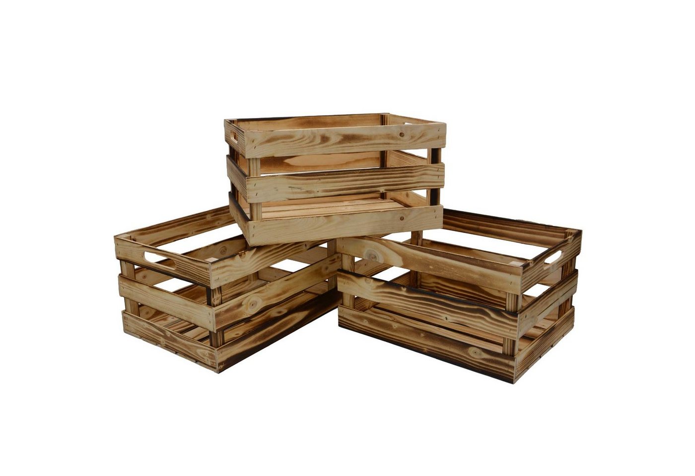UNUS HOME Dekokiste Holzkiste Geflammt 3er Set (3er Set - Maße: 39 x 29 x 21 cm (LxBxH), Weinkisten Obstkisten Aufbewahrungsbox Apfelkisten Holzkisten Vintage