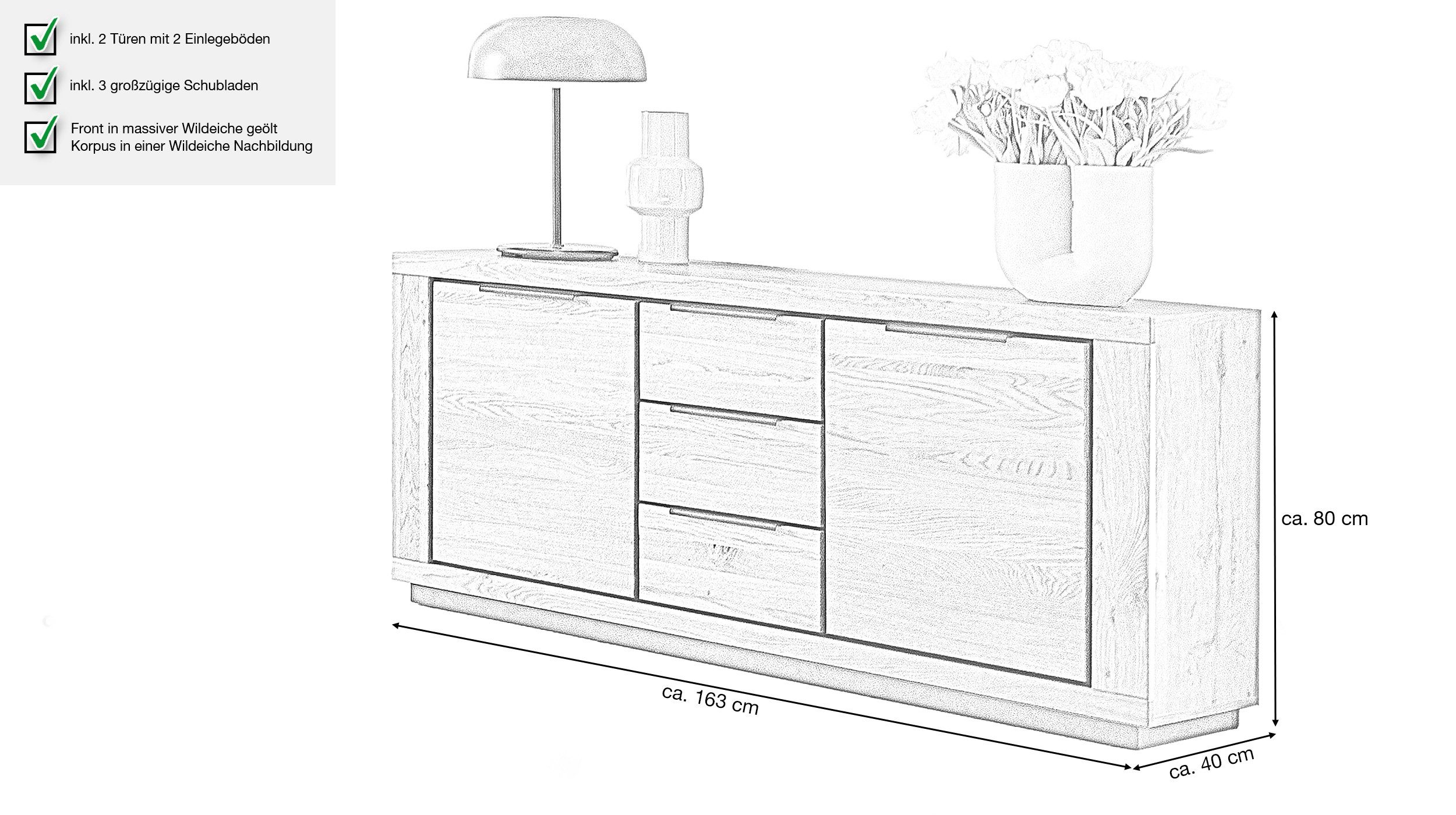 Massivart® Sideboard GRENO 163 cm / Massivholz Wildeiche geölt / Metallgriffe schwarz, 2 Türen / 3 Schubladen / 2 Einlegeböden / Kommode
