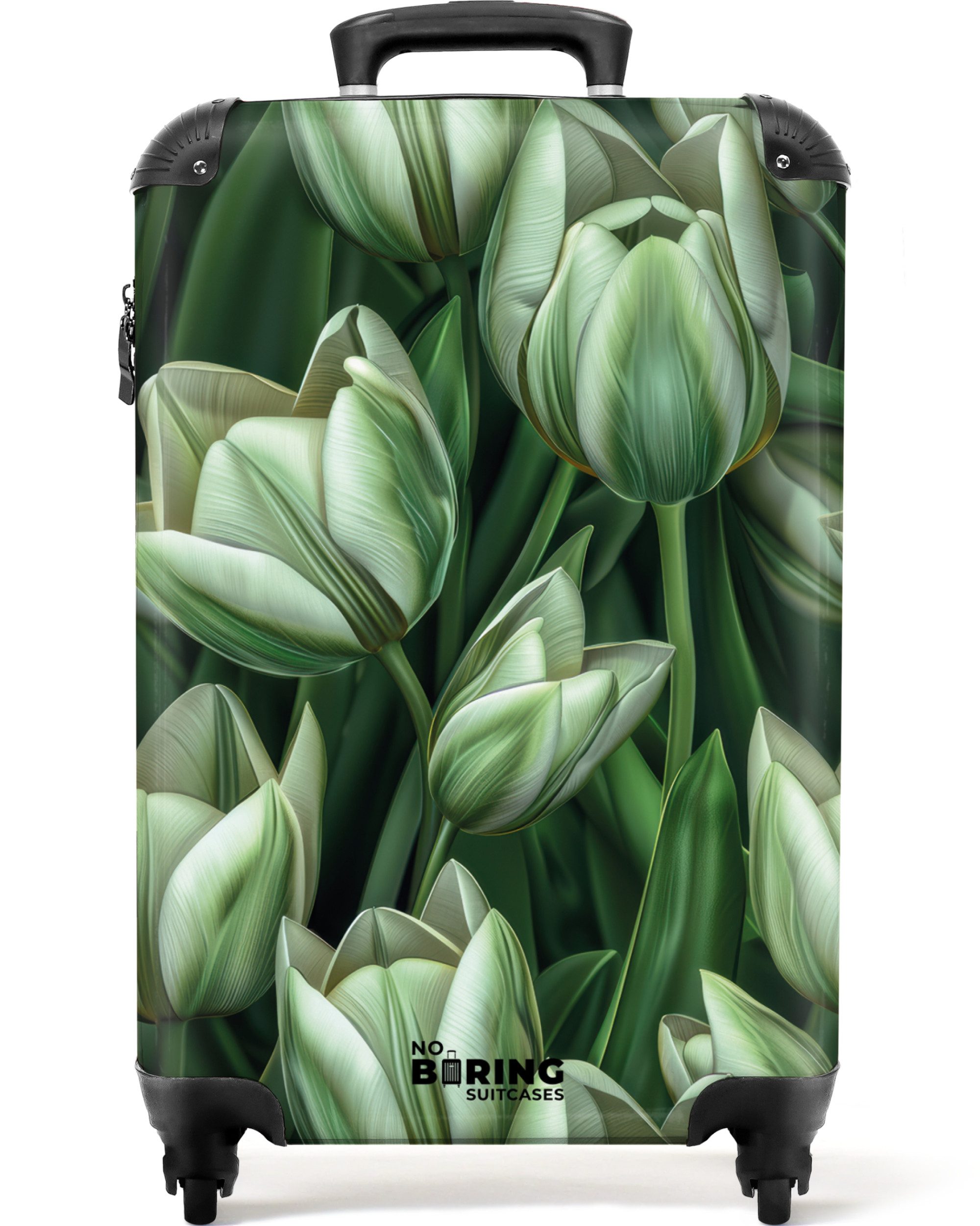 NoBoringSuitcases.com© Hartschalen-Trolley Grün mit weißen Tulpen günstig online kaufen