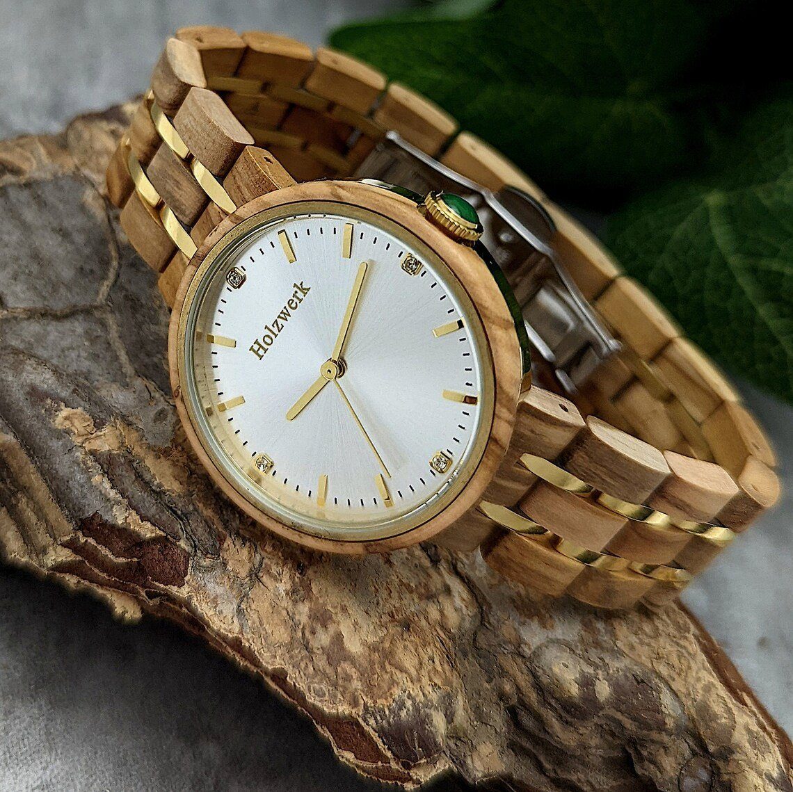 Holzwerk Quarzuhr LEBUS edle Damen Strass Holz Armband Uhr, beige braun,  gold & silber