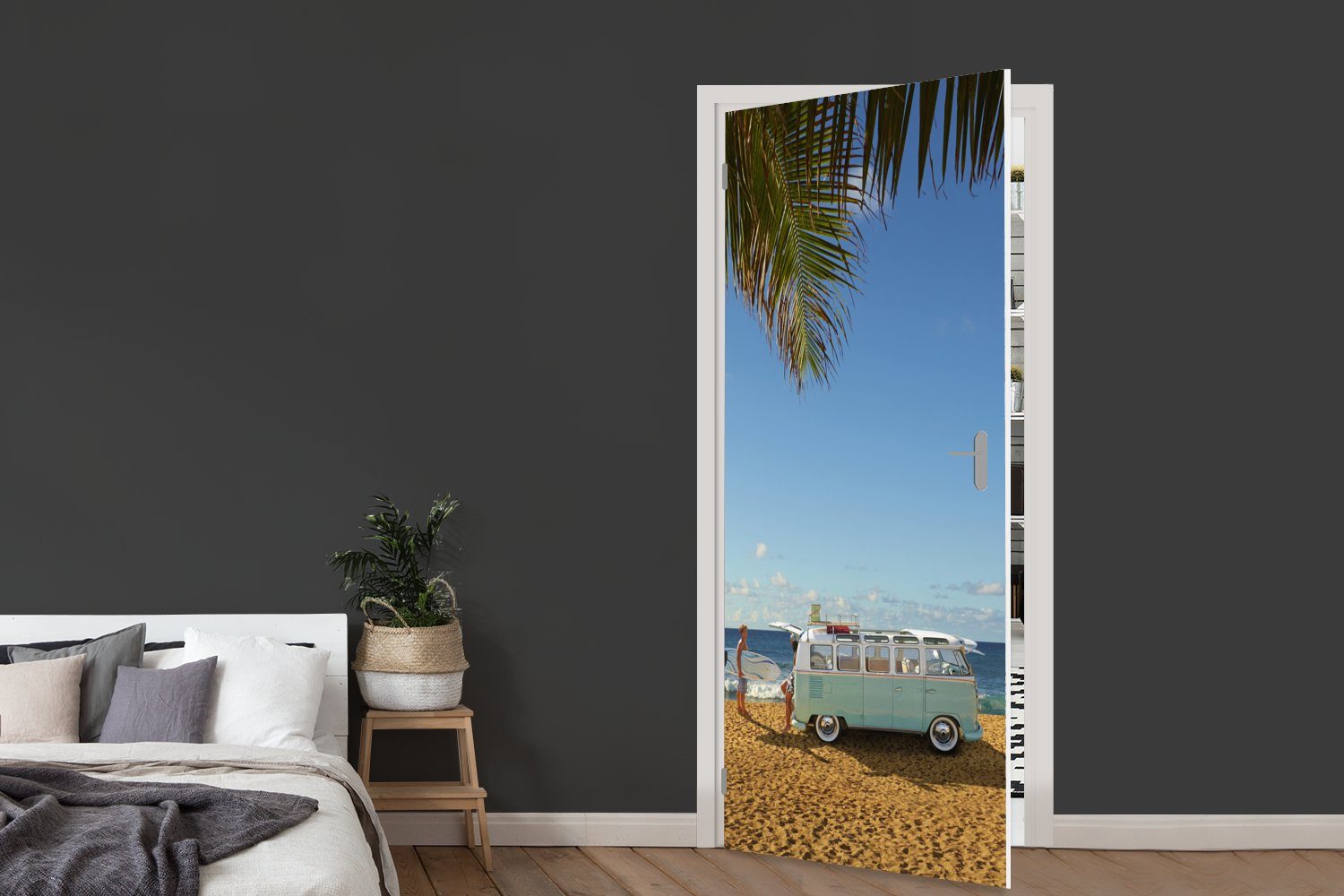 Strand (1 Tür, Matt, - Surfen, für Türtapete St), bedruckt, Fototapete - Türaufkleber, 75x205 MuchoWow Bus cm