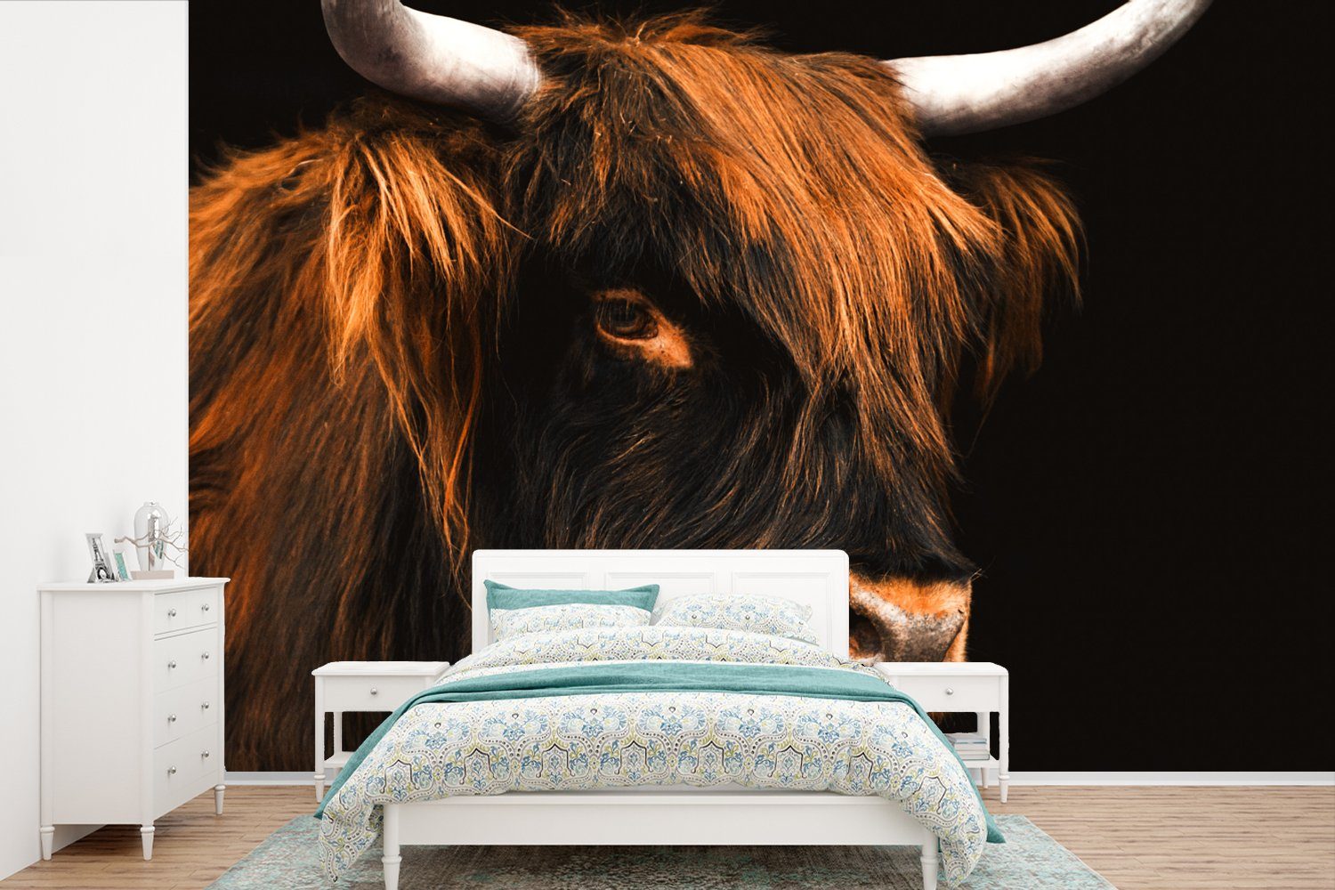 MuchoWow Fototapete Schottischer Highlander - Schwarz - Kuh - Horn - Tiere, Matt, bedruckt, (6 St), Wallpaper für Wohnzimmer, Schlafzimmer, Kinderzimmer, Vinyl Tapete