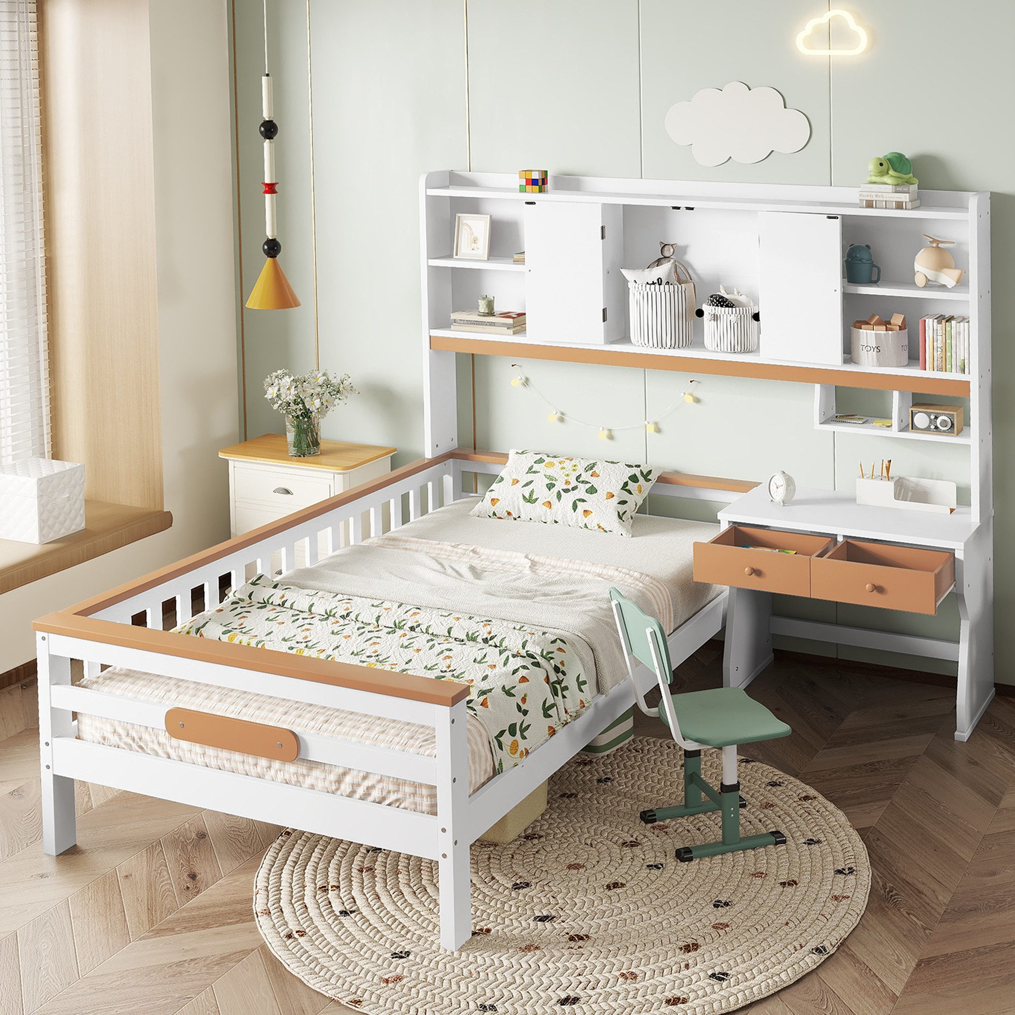 Flieks Kinderbett, L-Form Massivholzbett 90x200cm mit Stauraumkopfteil und günstig online kaufen