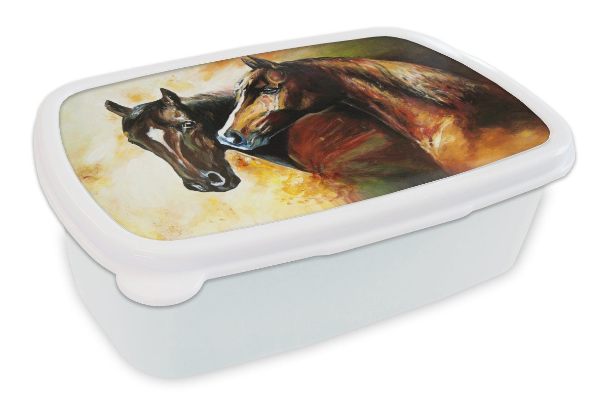 MuchoWow Lunchbox Malerei - Pferde - Tiere - Ölgemälde, Kunststoff, (2-tlg), Brotbox für Kinder und Erwachsene, Brotdose, für Jungs und Mädchen weiß