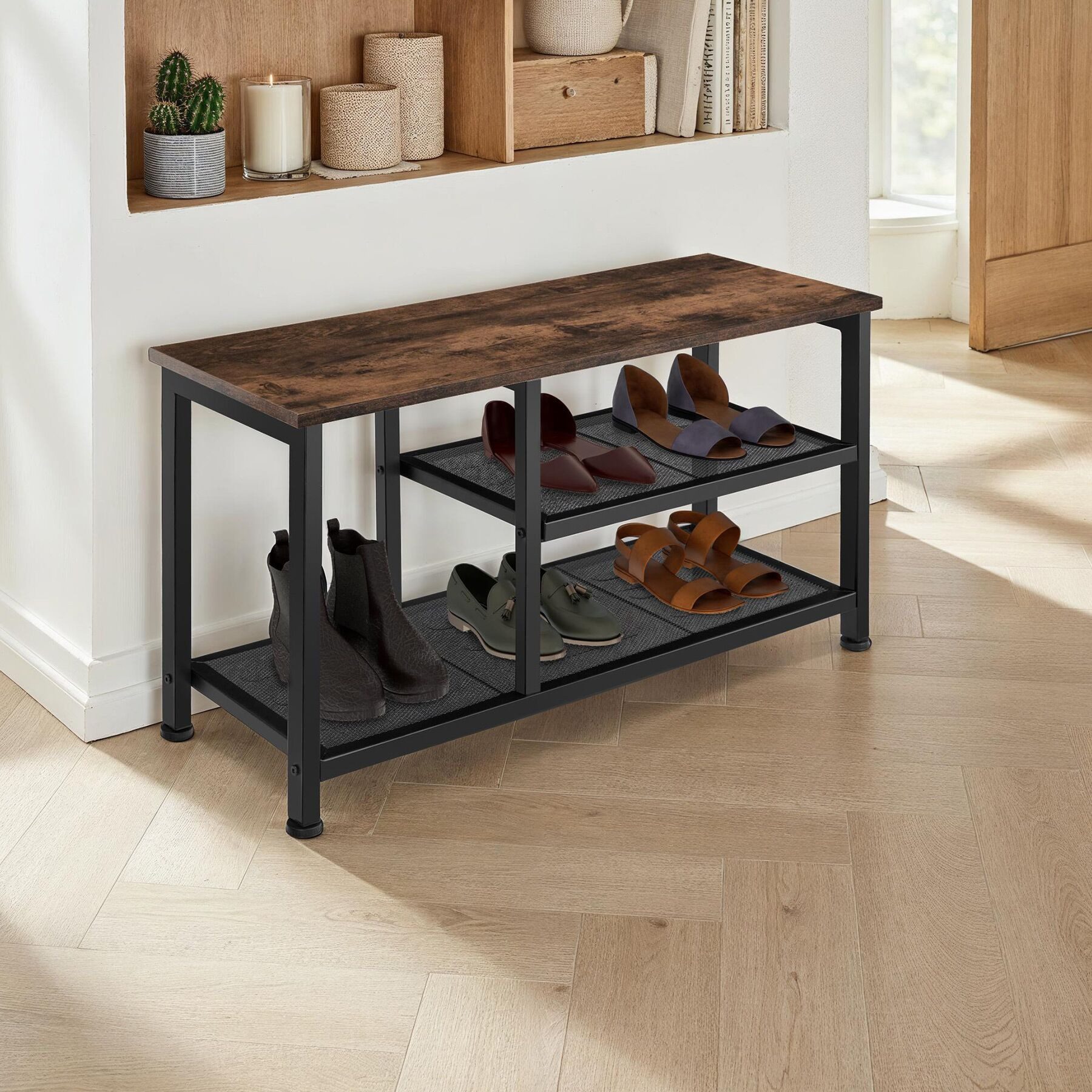 tectake Schuhregal Flurregal aus Holz und Stahl, 80 x 30 x 45,5 cm, Schuhablage mit Gitterablagen Taunton 1-tlg., Ablage und 2 Gitterablagen, mit höhenverstellbaren Kunststofffüßen