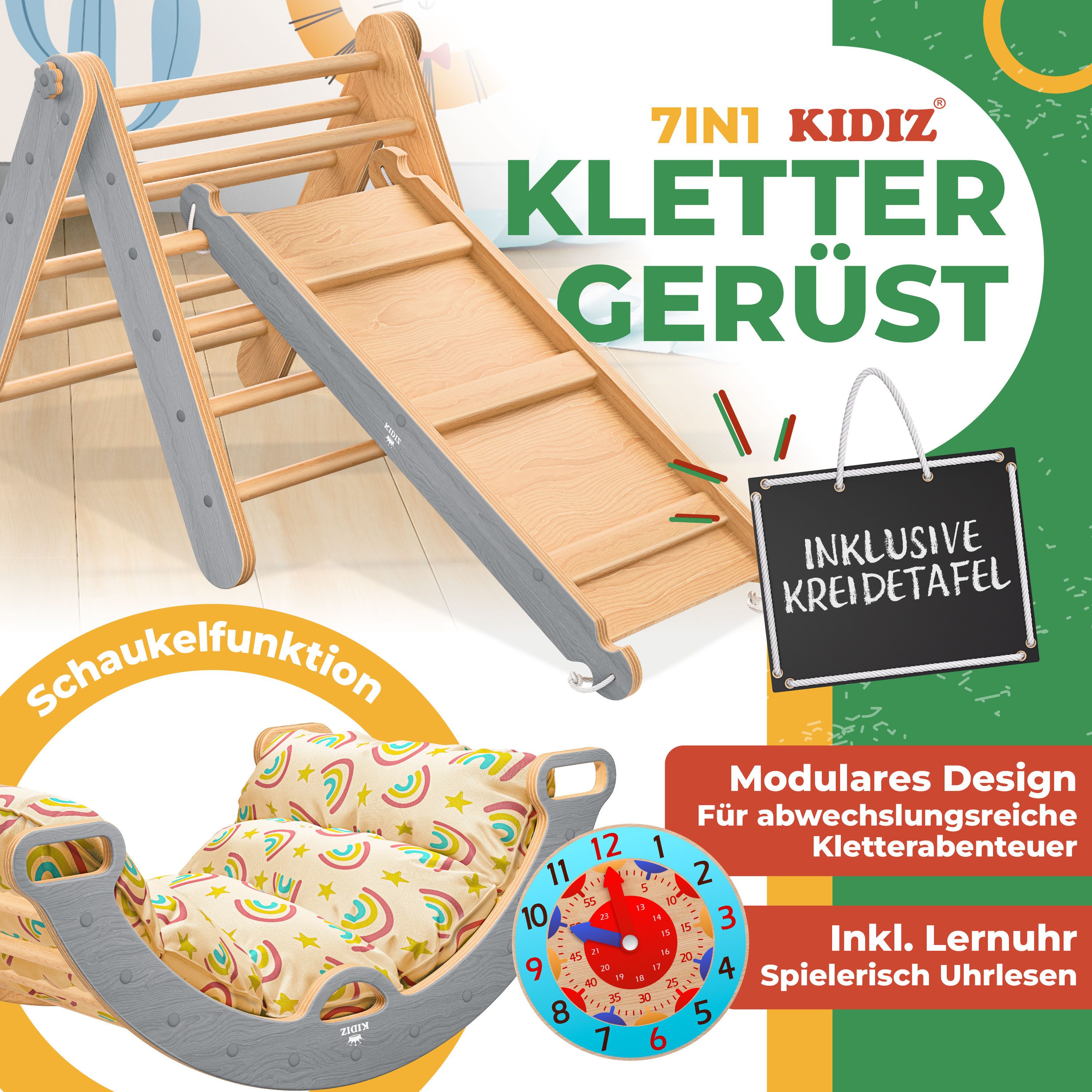 KIDIZ Klettergerüst mit Kletterbogen Montessori 7in1 Spiel-Set aus Holz, (inklusive Rutsche, Kletterdreieck, Kissen, Tafel & Lern-Uhr), Indoor Spielplatz für Kleinkinder ab 1 Jahr & Kinder bis 3 Jahre