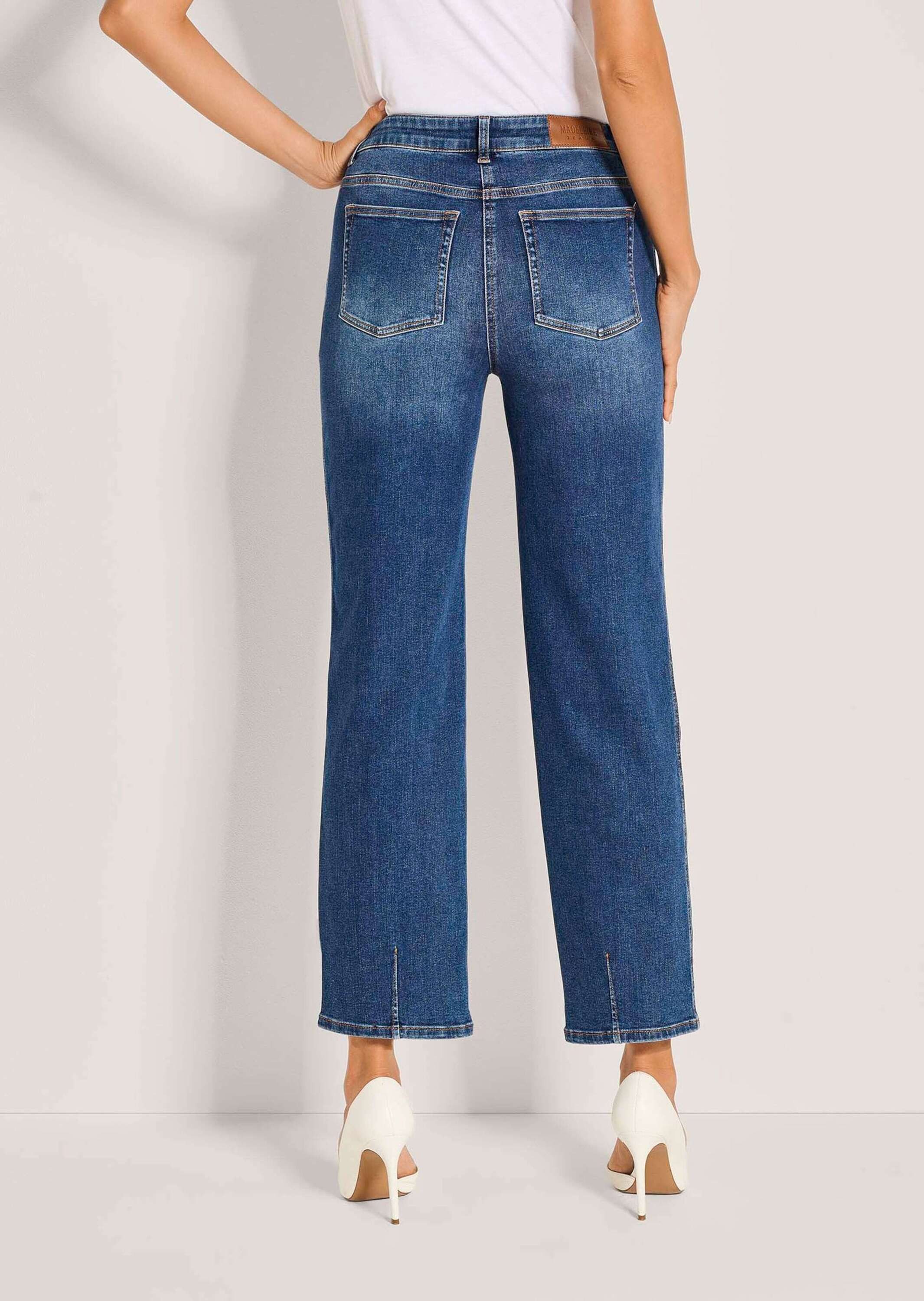 MADELEINE Gerade Jeans Baumwollhose mit Saumabnähern 5-Pocket-Hose mit Formbund, Gürtelschlaufen und knöchelfreier Länge