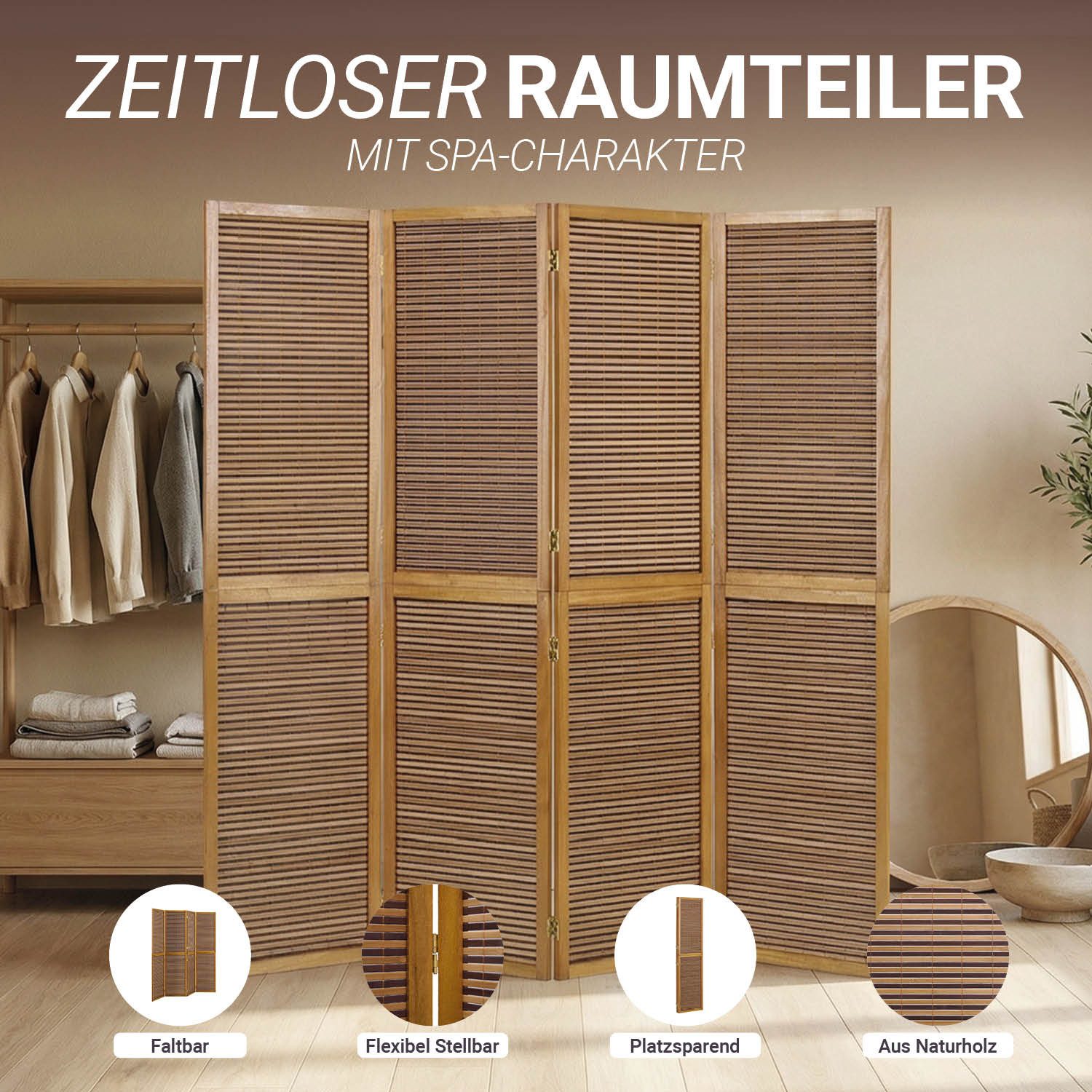 Homestyle4u Paravent 3 fach Raumteiler Holz Trennwand Braun washed Indoor Sichtschutz (4-teilig), faltbar