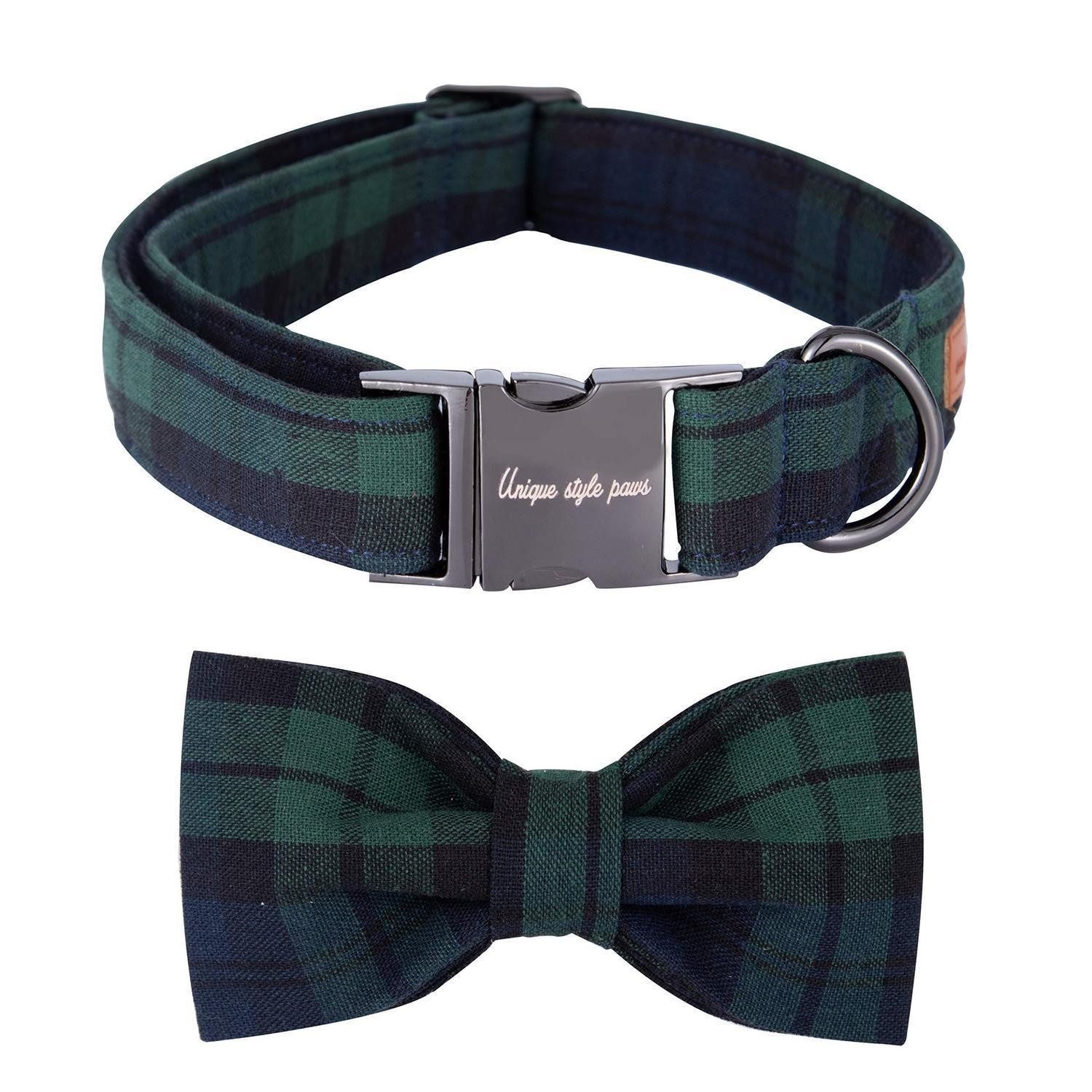 LuxusKollektion Hunde-Halsband Hundehalsband mit Fliege Grün Plaid, Textil