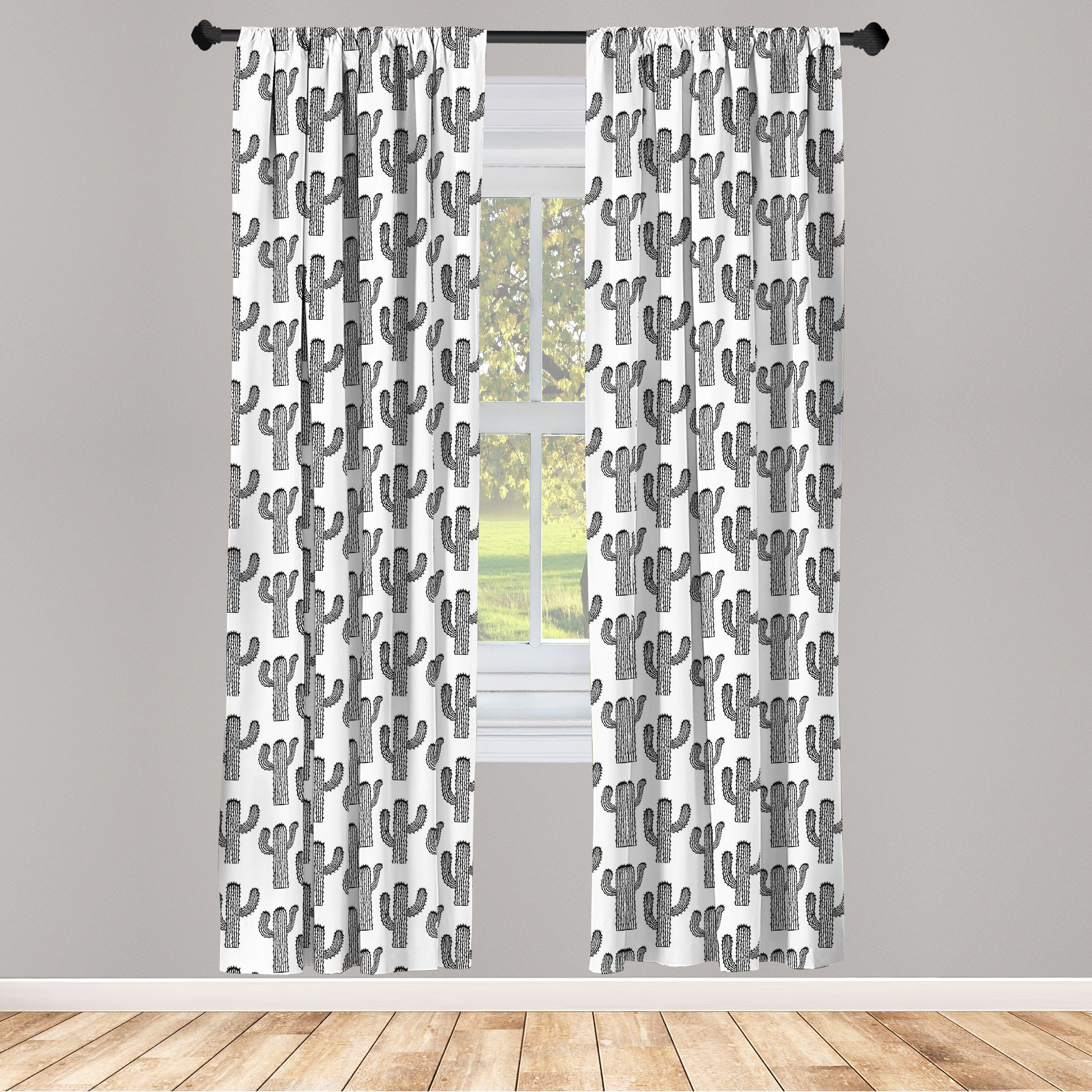Gardine Vorhang für Wohnzimmer Schlafzimmer Dekor, Abakuhaus, Microfaser, Schwarz und weiß Umreißen Cactus Kunst