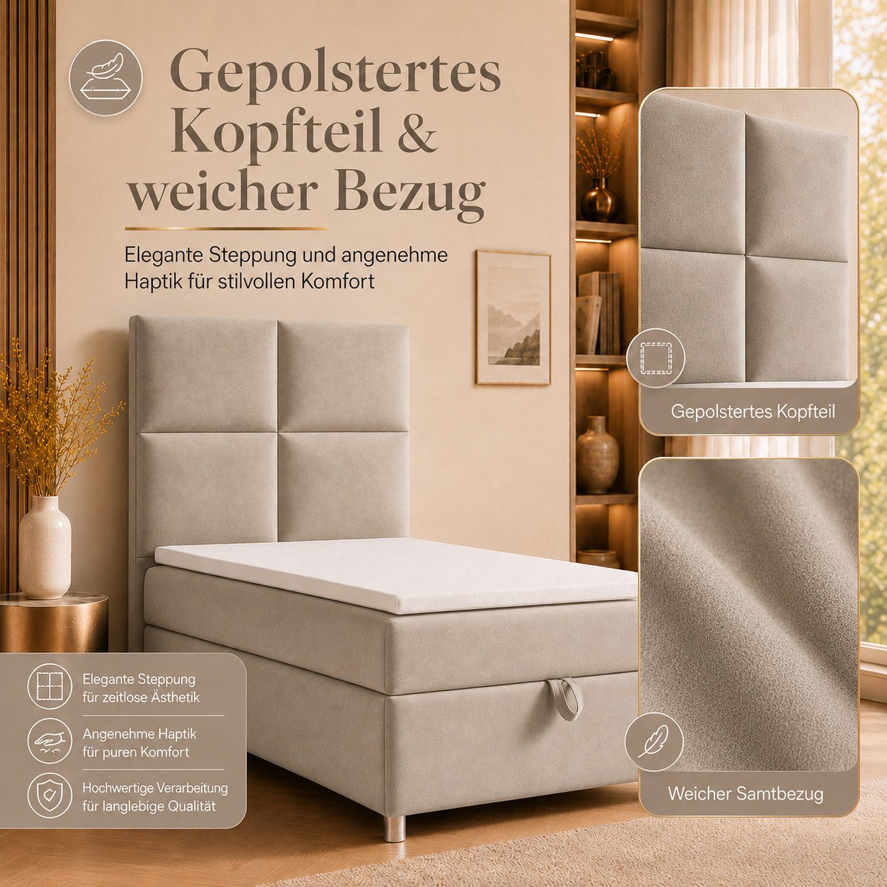 Best for Home Boxspringbett Trinity K-2 mit Bettkasten & Topper – Komfort & Stauraum (Einzelbett, Hotelbett, Polsterbett gepolstertes Kopfteil, Jugendbett, Kinderbett versch. Größen, 1-St., 70x200 80x200 90x200 100x200 cm), Einzel-Boxspringbett mit integriertem Stauraum, gepolstertem Kopfteil