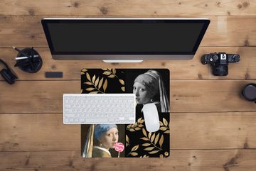 MuchoWow Gaming Mauspad Mädchen mit Perlenohrring - Gold - Collage (1-St), Mousepad mit Rutschfester Unterseite, Gaming, 40x40 cm, XXL, Großes