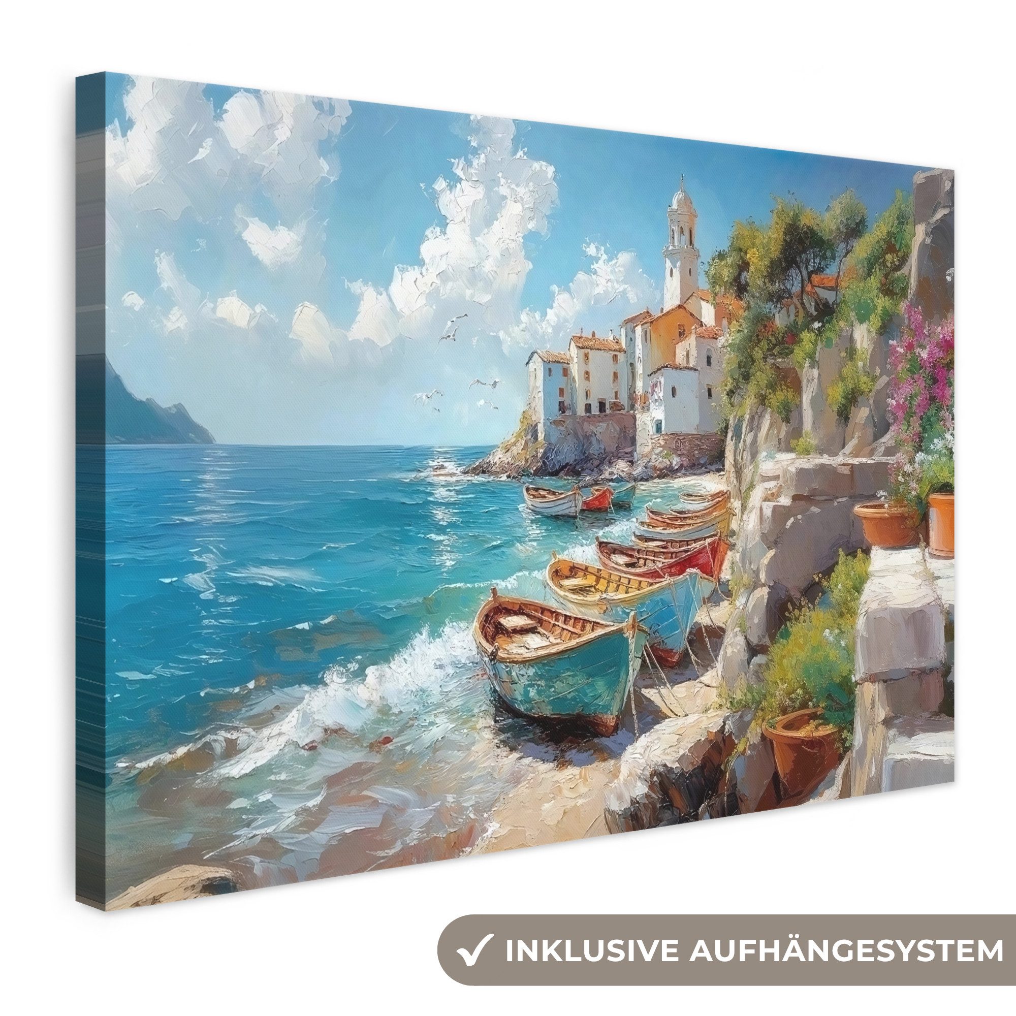 OneMillionCanvasses® Leinwandbild Boote - Felsen - Meer - Sonne, Fotodruck (1 St), Leinwand Bilder Klein, Wand Dekoration Aesthetic 30x20 cm