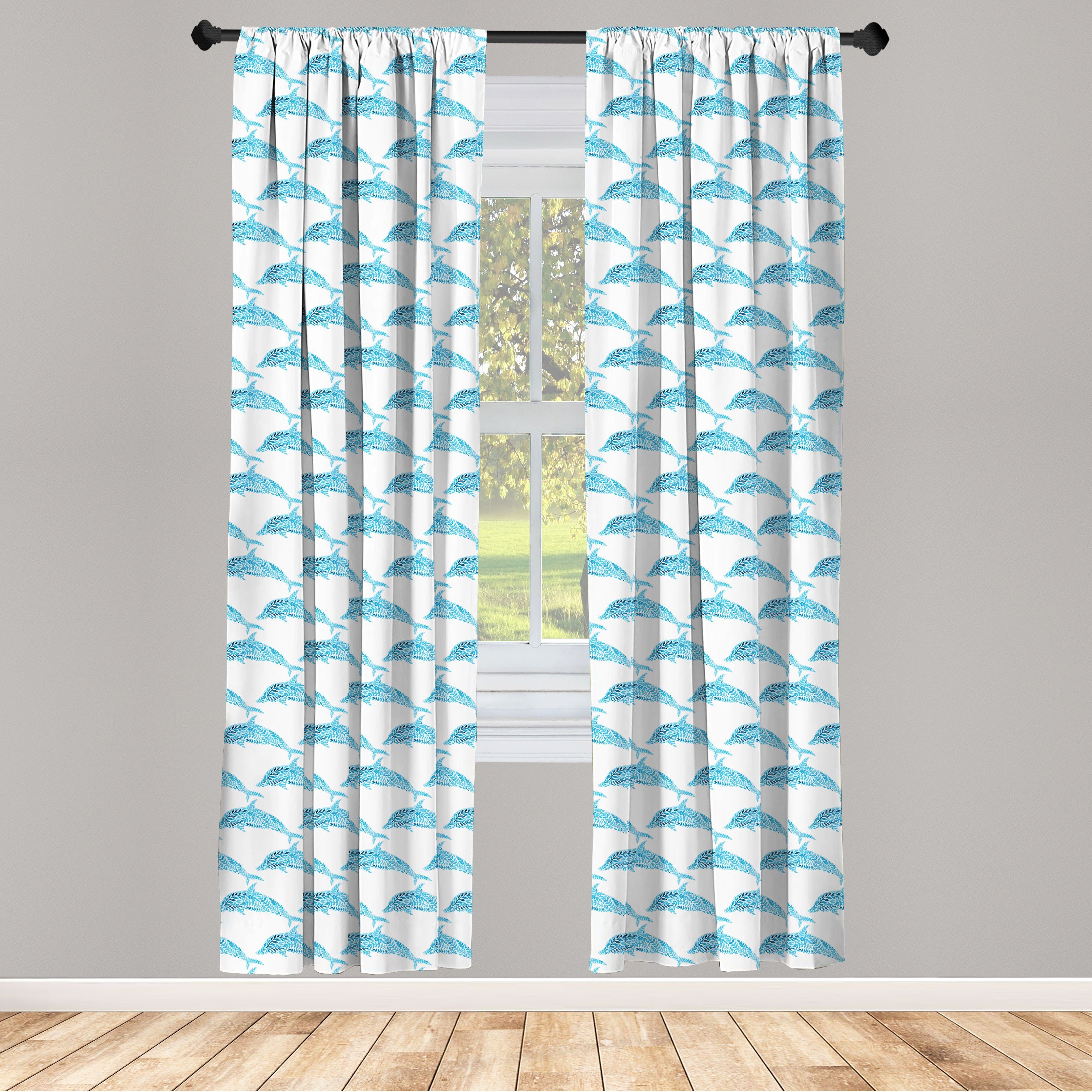 Gardine Vorhang für Wohnzimmer Schlafzimmer Dekor, Abakuhaus, Microfaser, Meer Aqua Dolphins Leaves