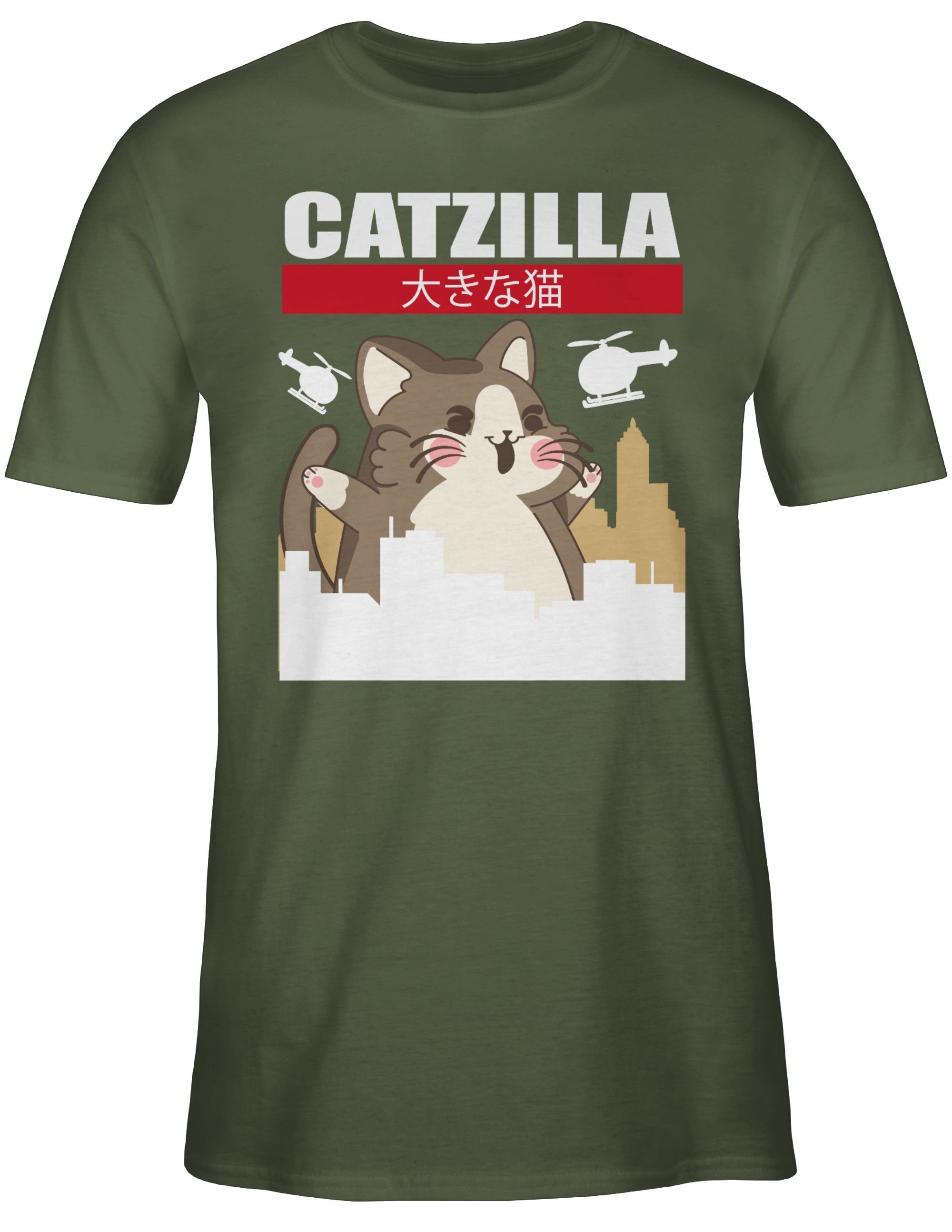 Shirtracer Cat Big Catzilla 3 Army Grün T-Shirt Anime Geschenke -