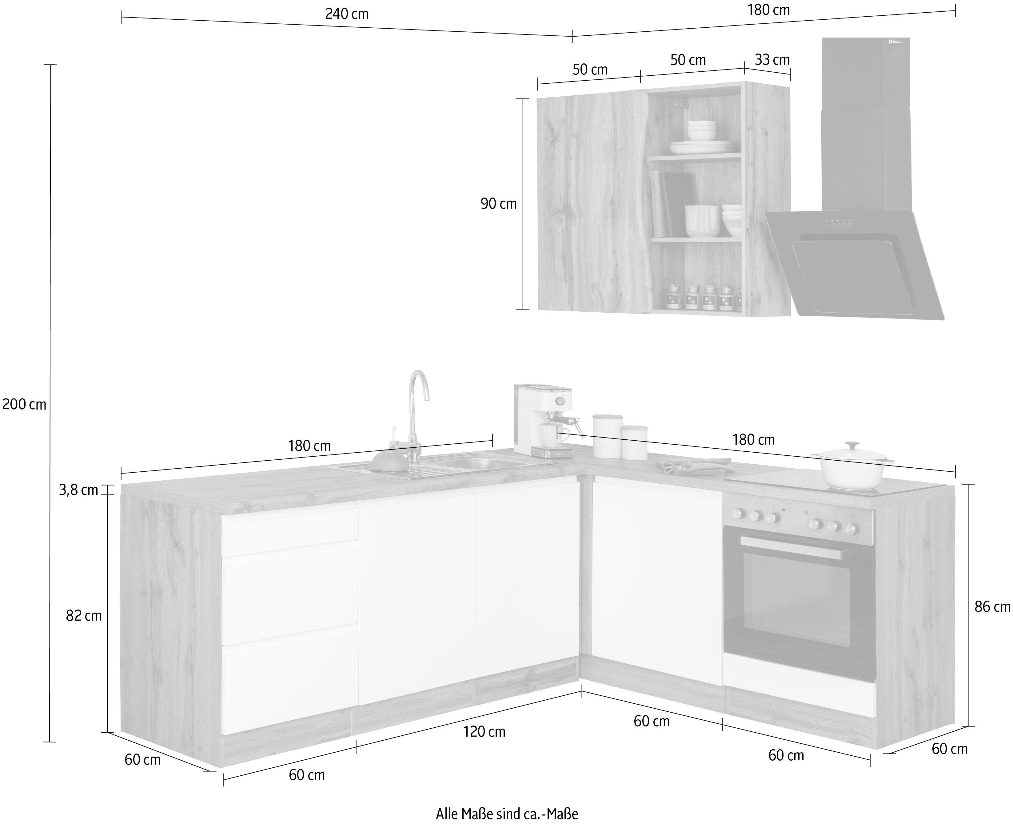 Cuisine d'angle avec poste de cuisson KS-Bruneck, largeur d'encastrement 240/180 cm, avec ou sans électroménager, MDF