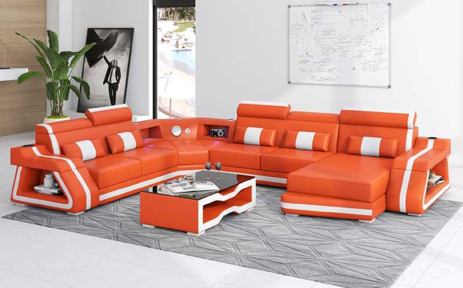 JVmoebel Ecksofa Groß Ecksofa Wohnlandschaft XXL Sofa U Form Sofas Mit LED, 4 Teile, Made in Europe Orange