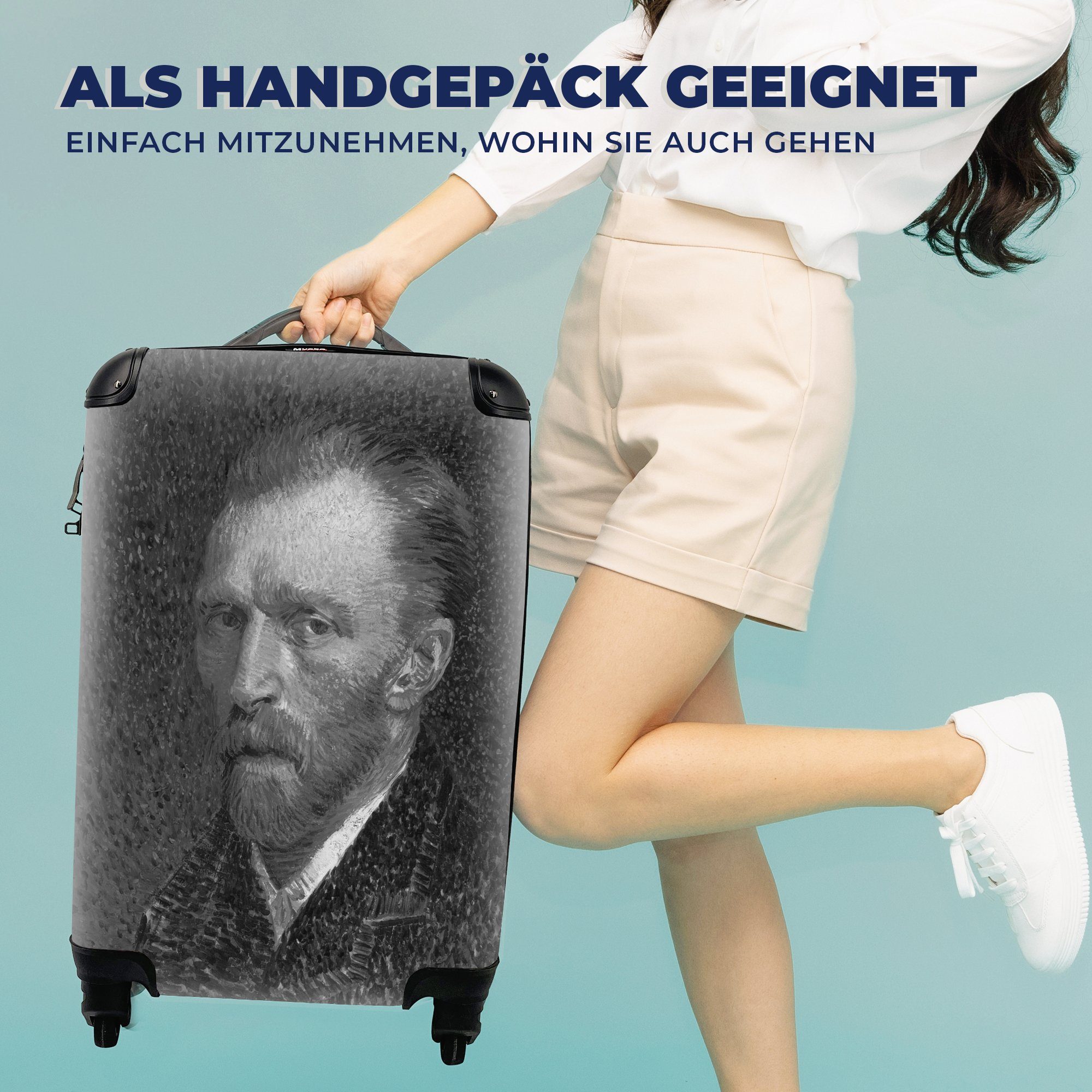 Gogh 4 rollen, weiß, Ferien, - Handgepäckkoffer und Reisetasche Selbstporträt mit Vincent für van Handgepäck MuchoWow Trolley, Rollen, von Schwarz Reisekoffer