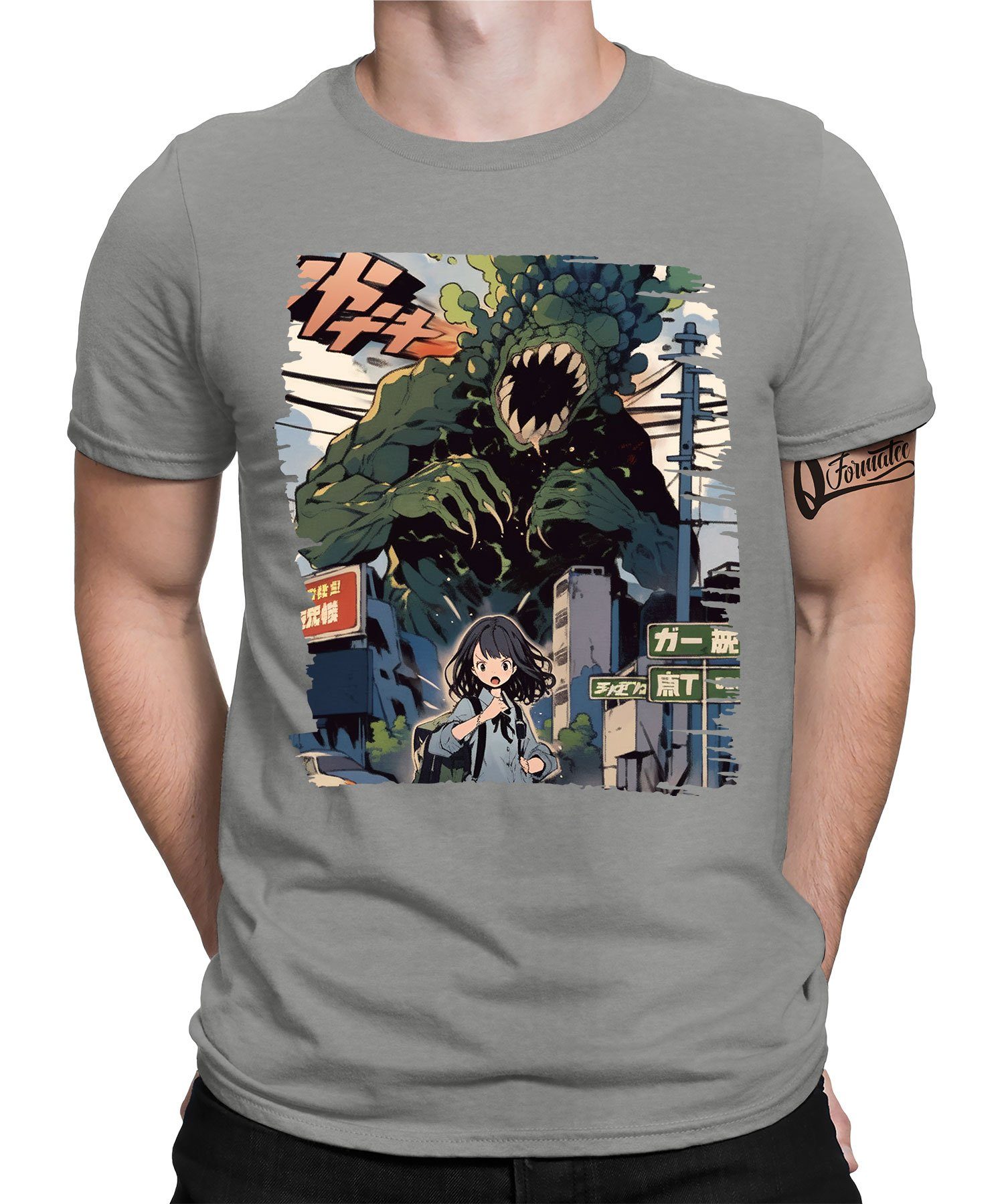 Grau Ästhetik Formatee - Japan Kaiju Anime Heather Kurzarmshirt Japanese Herren Japan (1-tlg) Quattro T-Shirt