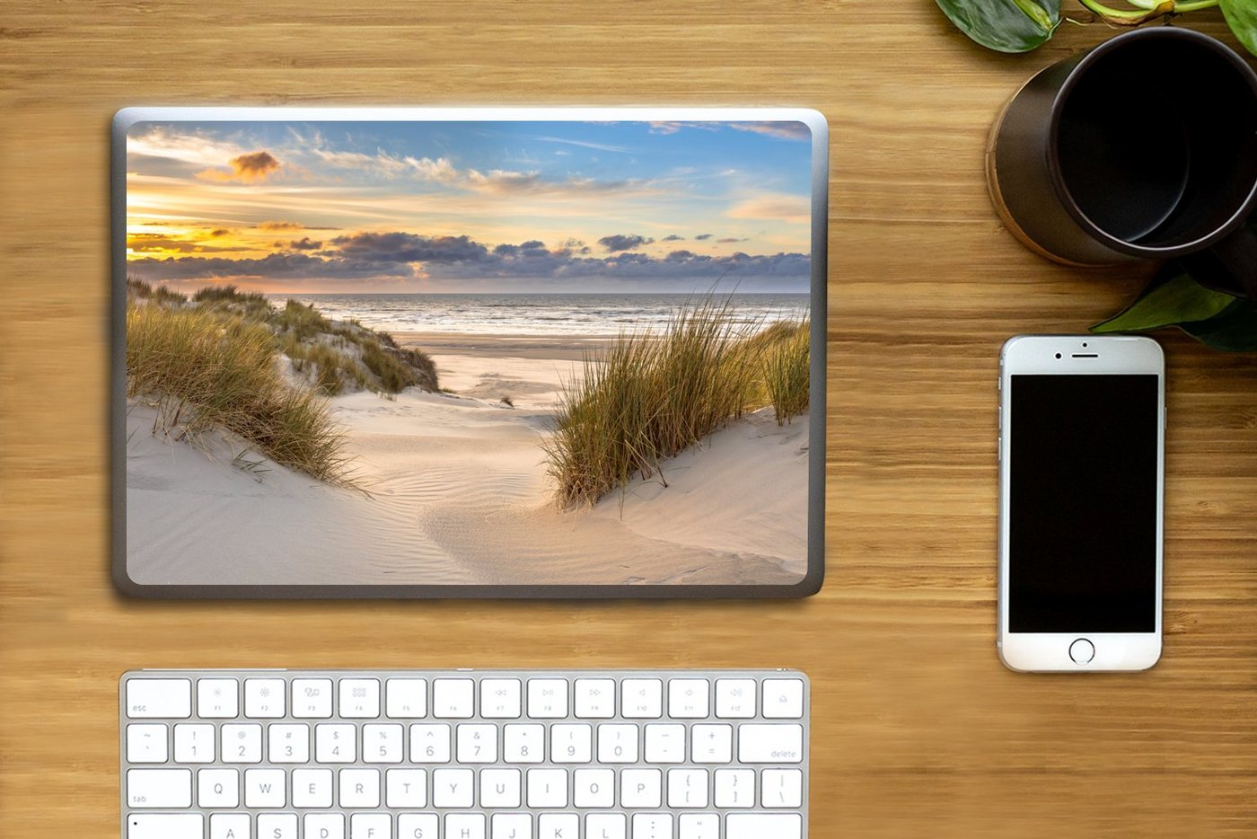 Thumbnail - MuchoWow Laptop-Aufkleber Strand - Düne - Gras - Sonnenuntergang - Meer, (1tlg), Laptop Folien Cover, Aufkleber, Sticker...