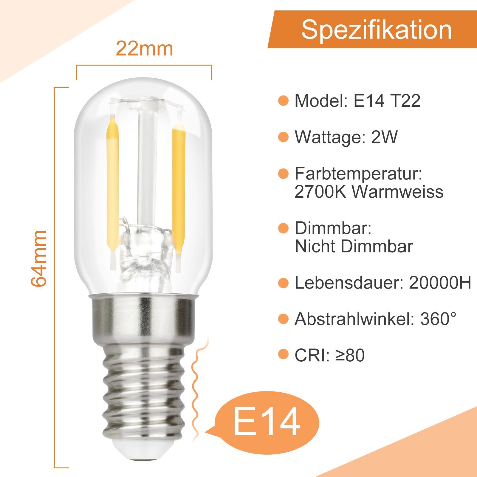 E14 T22 E14, Glühbirnen Transparente 2 Nettlife LED Vintage 2W, 2700K Lampe Leuchtmittel Warmweiß, LED-Leuchtmittel St., Birnen