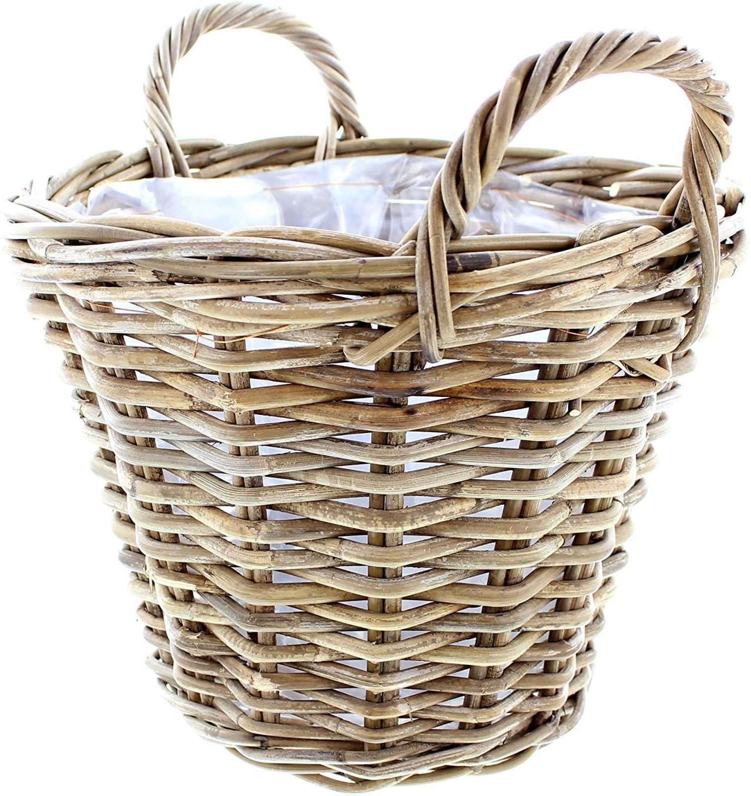 Dekoleidenschaft Pflanzkübel Pflanzkorb "Rattan", grau gekalkt, Blumentopf, Pflanztopf, Blumenkübel, Rattankorb, Flechtkorb, Pflanzentopf, Gartendeko für Draußen