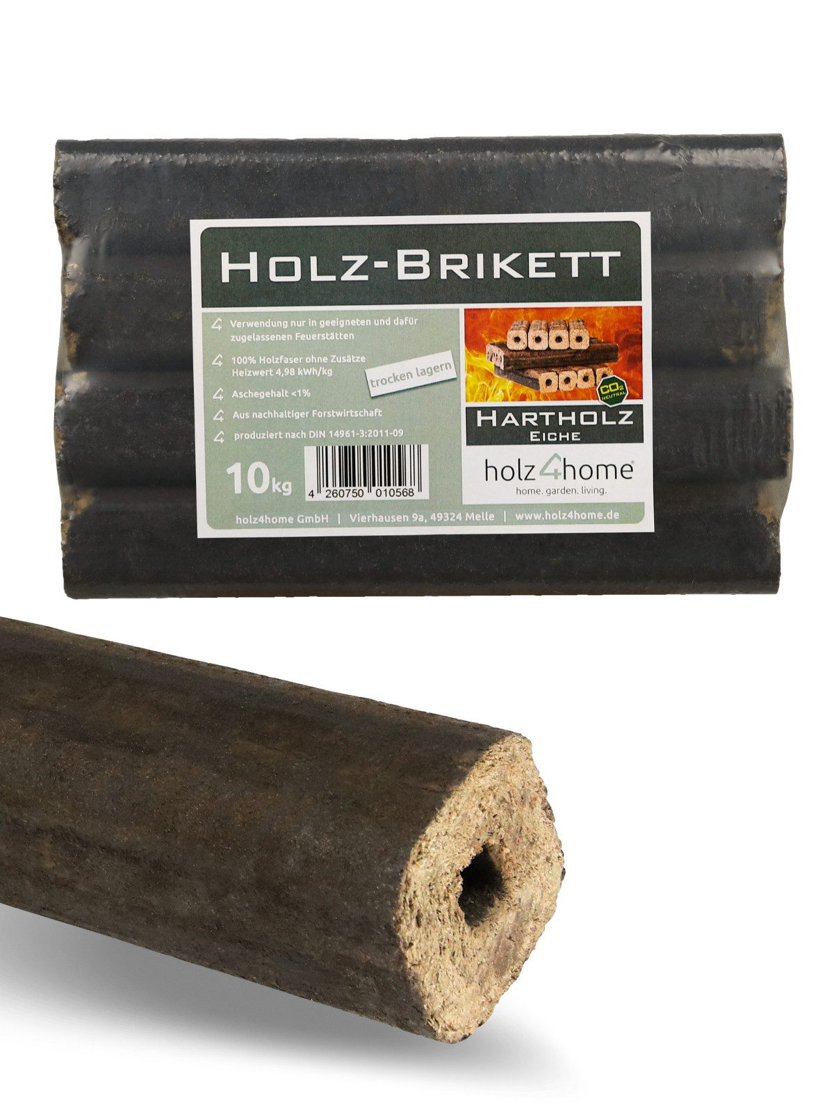 holz4home® Holzbriketts Pini Kay Eichenbriketts I 100% ohne Zusätze I Briketts Kamin Brennholz, 10 kg, Mit Zugloch gepresst