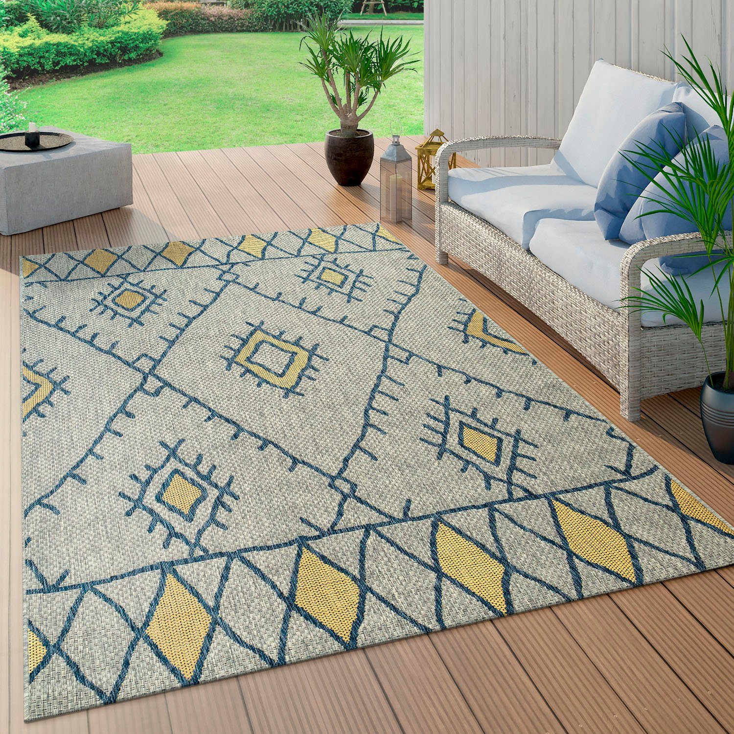 Home, und Rauten geeignet, Teppich In- Outdoor Höhe: Design, gelb Paco Flachgewebe, rechteckig, mm, 4 124, Kuba Wohnzimmer