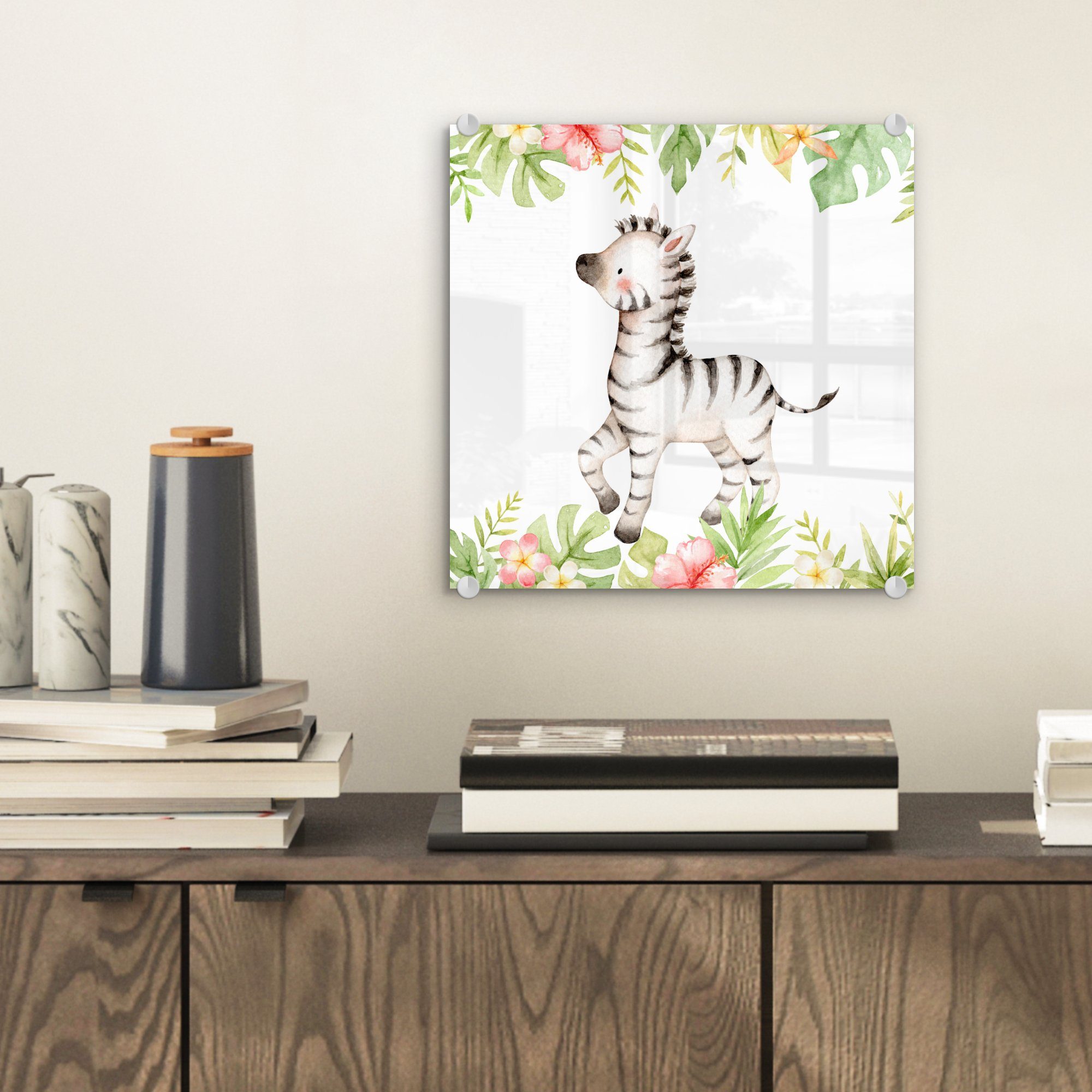 MuchoWow Acrylglasbild Zebra - (1 St), Glasbilder Dschungel, Wandbild auf Foto Bilder - - - Aquarellfarbe - Glas Wanddekoration Glas auf