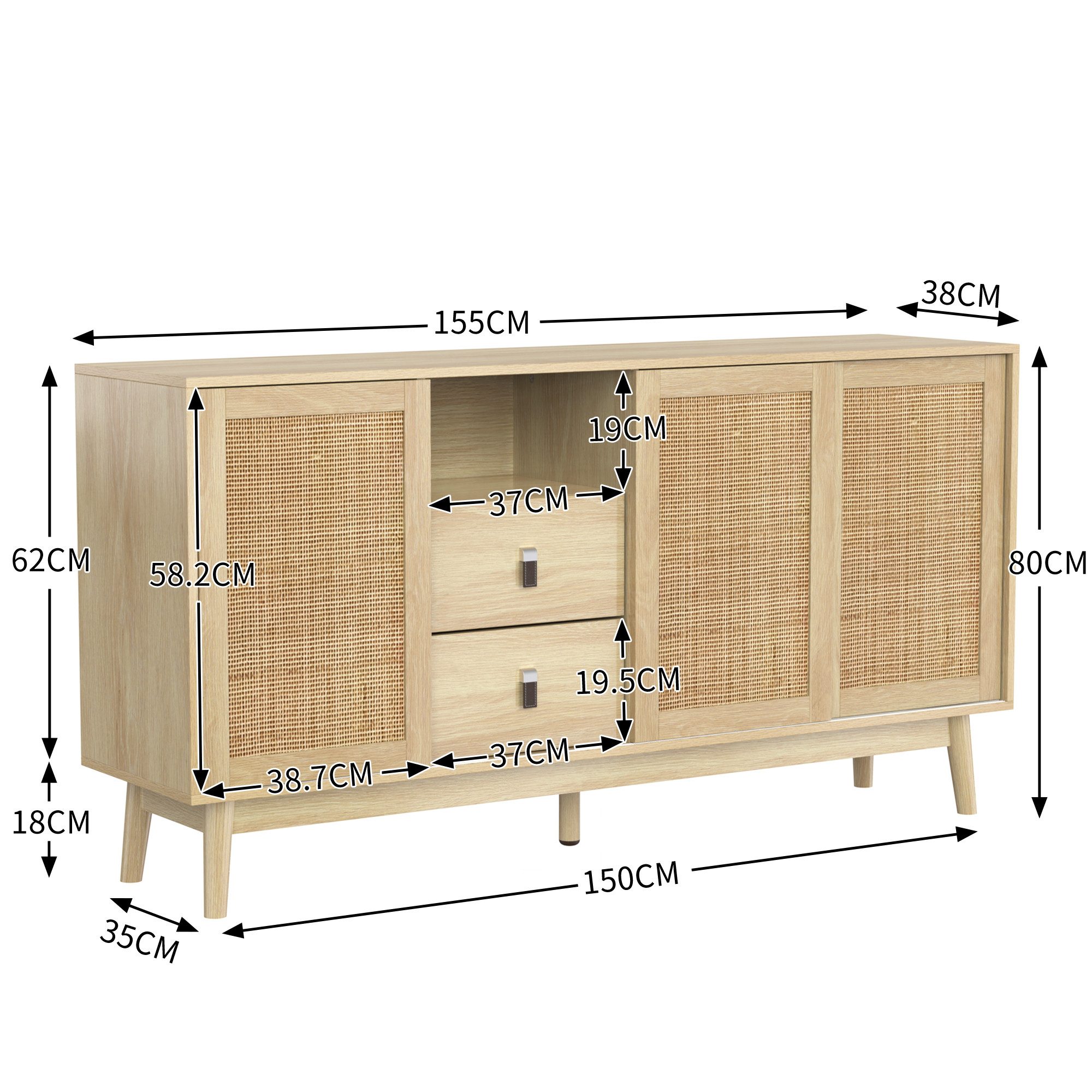 Celya Sideboard Kombikommode mit 3 Schiebetüren aus echtem Rattan und 2 Sch günstig online kaufen