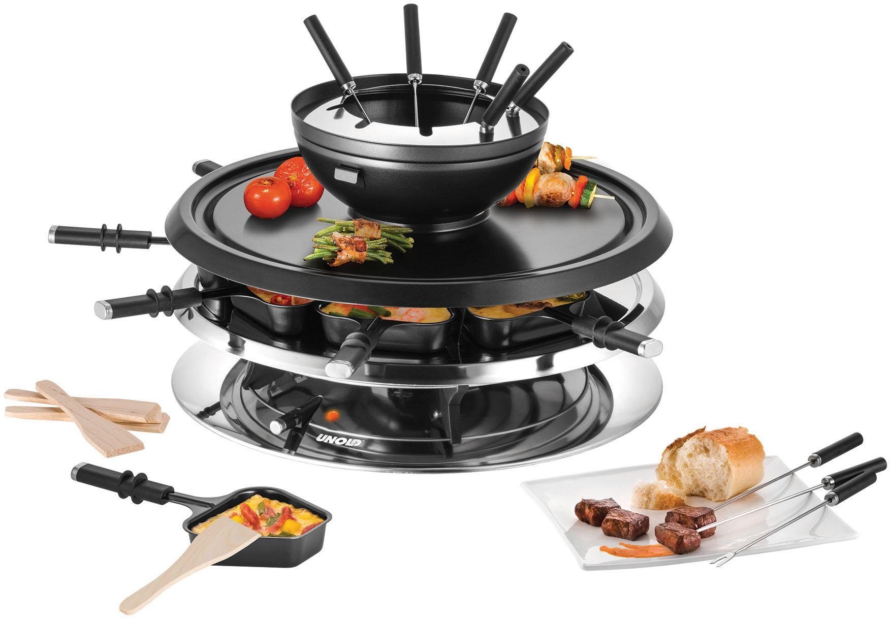 Unold Raclette und Fondue-Set Multi 4 in 1 - 48726, 8 Raclettepfännchen, 1300 W