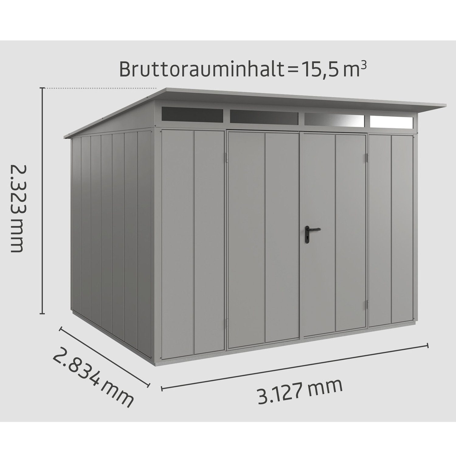 Hörmann Tür Elegant graualuminium 3, 2-flügelige Gerätehaus Ecostar mit Metall-Gerätehaus Pultdach Typ