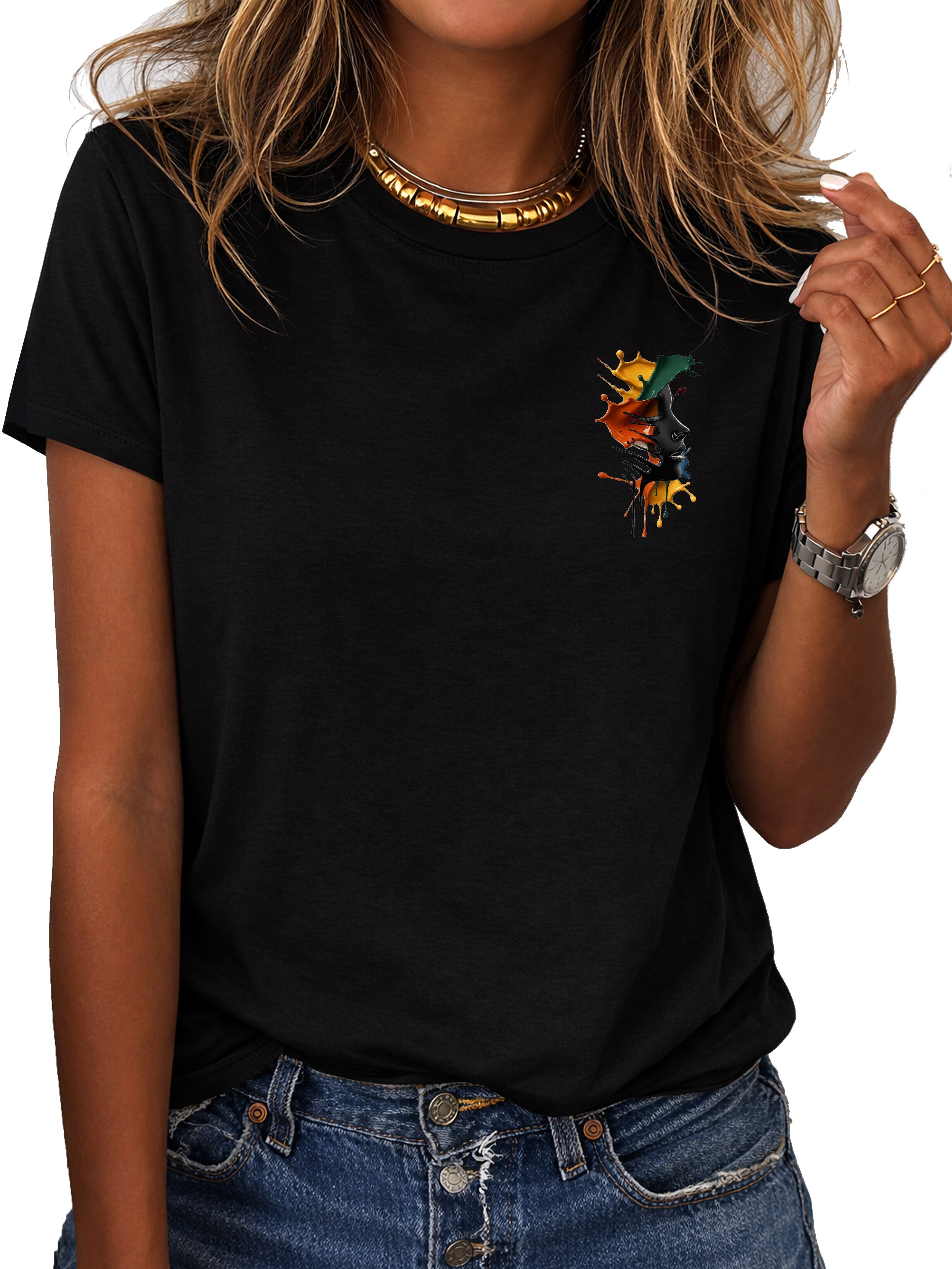 RMK T-Shirt Damen Shirt Rundhals Basic "Farbspritzer" aus Baumwolle