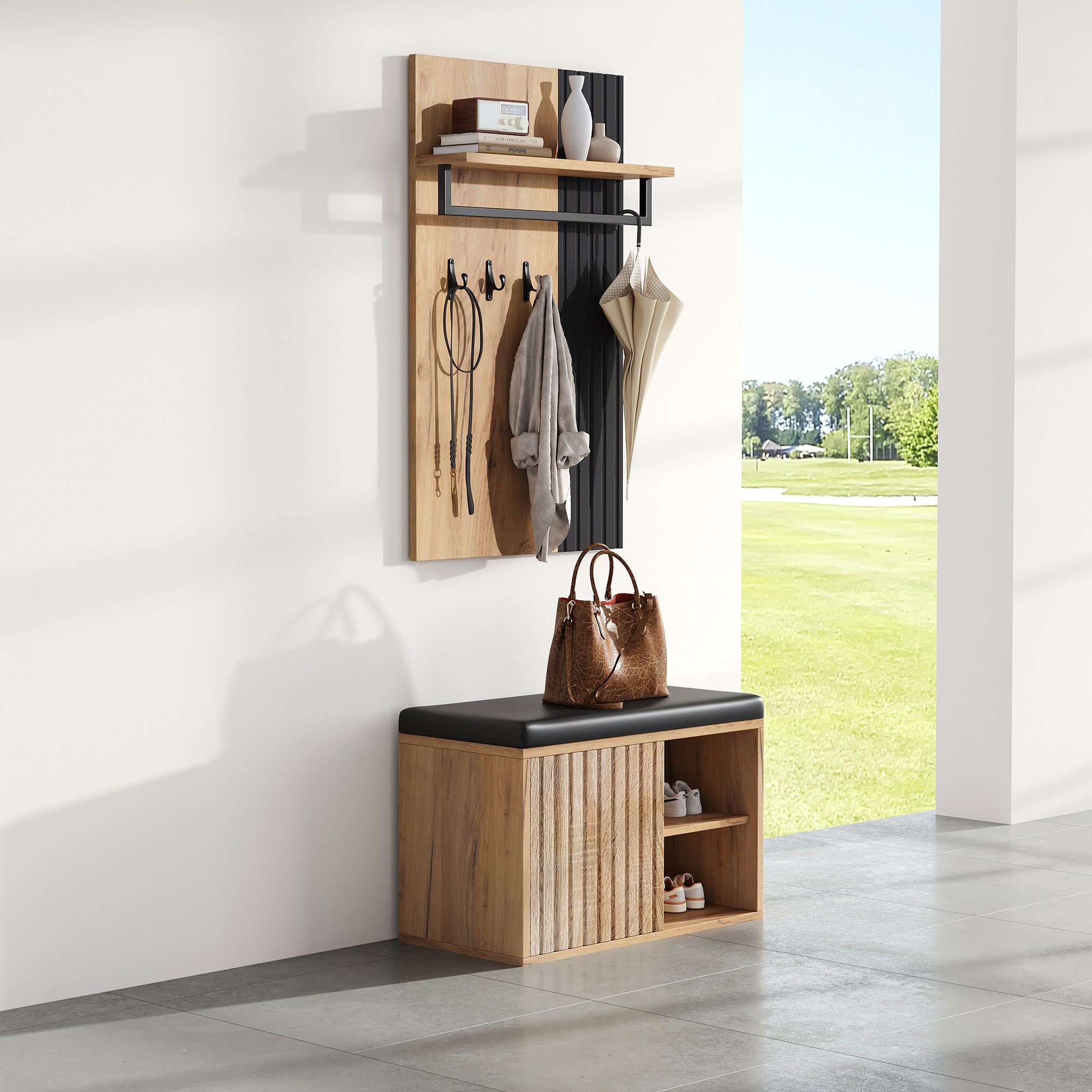 STILVORA Garderoben-Set mit Sitzbank,Garderobenständer Wandgarderoben mit Kleiderhaken&Facher, (Schuhbank – Praktischer Flurschrank Schwarz und Naturfarben, 2-St., B70/D36/H146 cm)