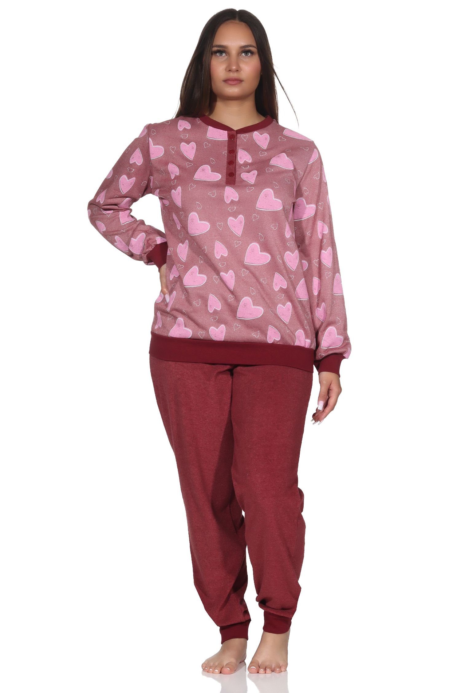 Normann Pyjama Normann Damen langarm Frottee Schlafanzug mit Bündchen in Herz Optik beere