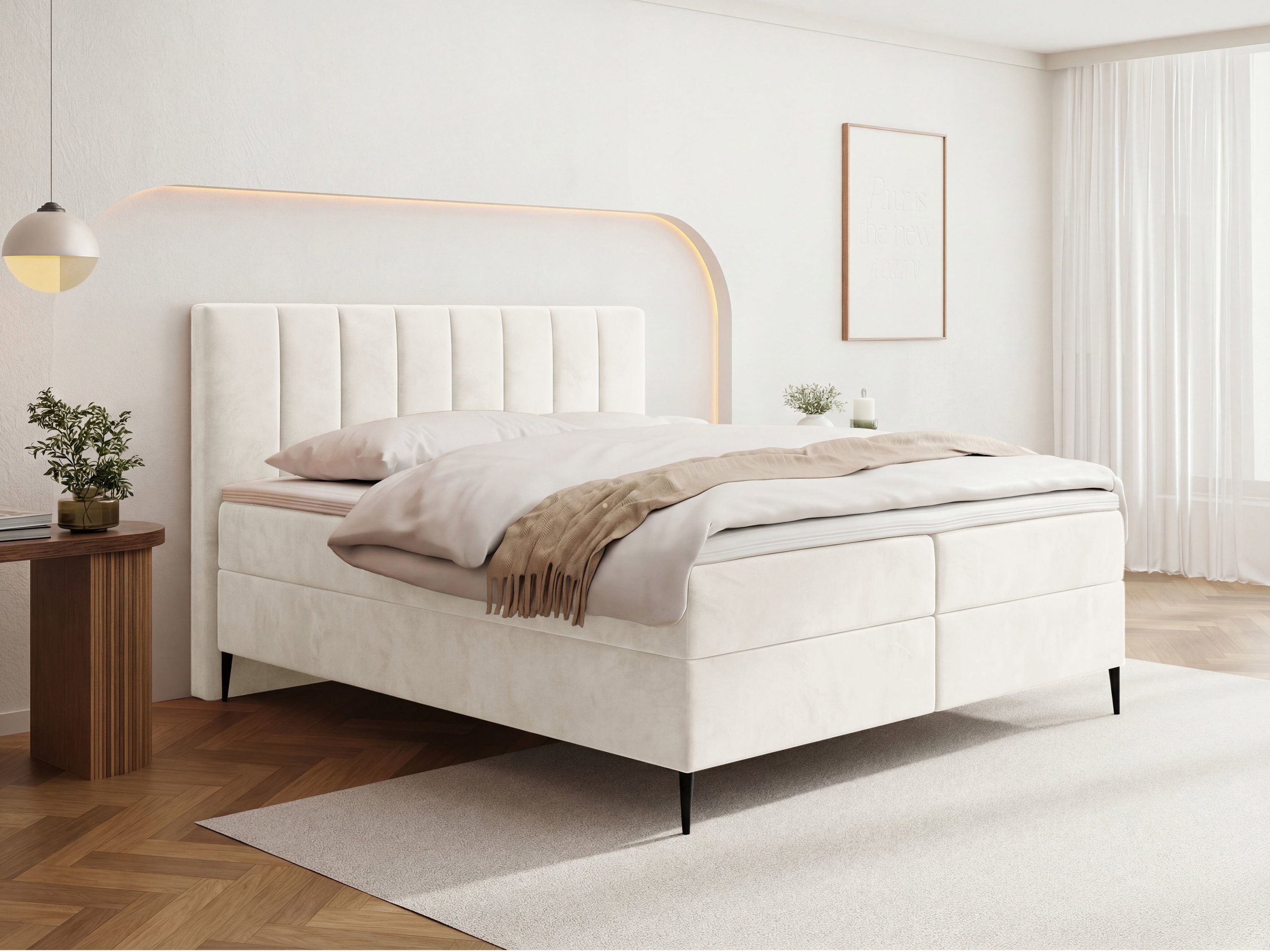 WFL GROUP Boxspringbett Allen mit Bettkasten, Boucle oder Samt, hohes Kopfteil & hohe Füße (erhältlich in 5 Größen: 120x200, 140x200, 160x200, 180x200, 200x200 cm), Doppelbett mit H4 Pocket Matratze, Foam Topper & Stauraum, Made in EU