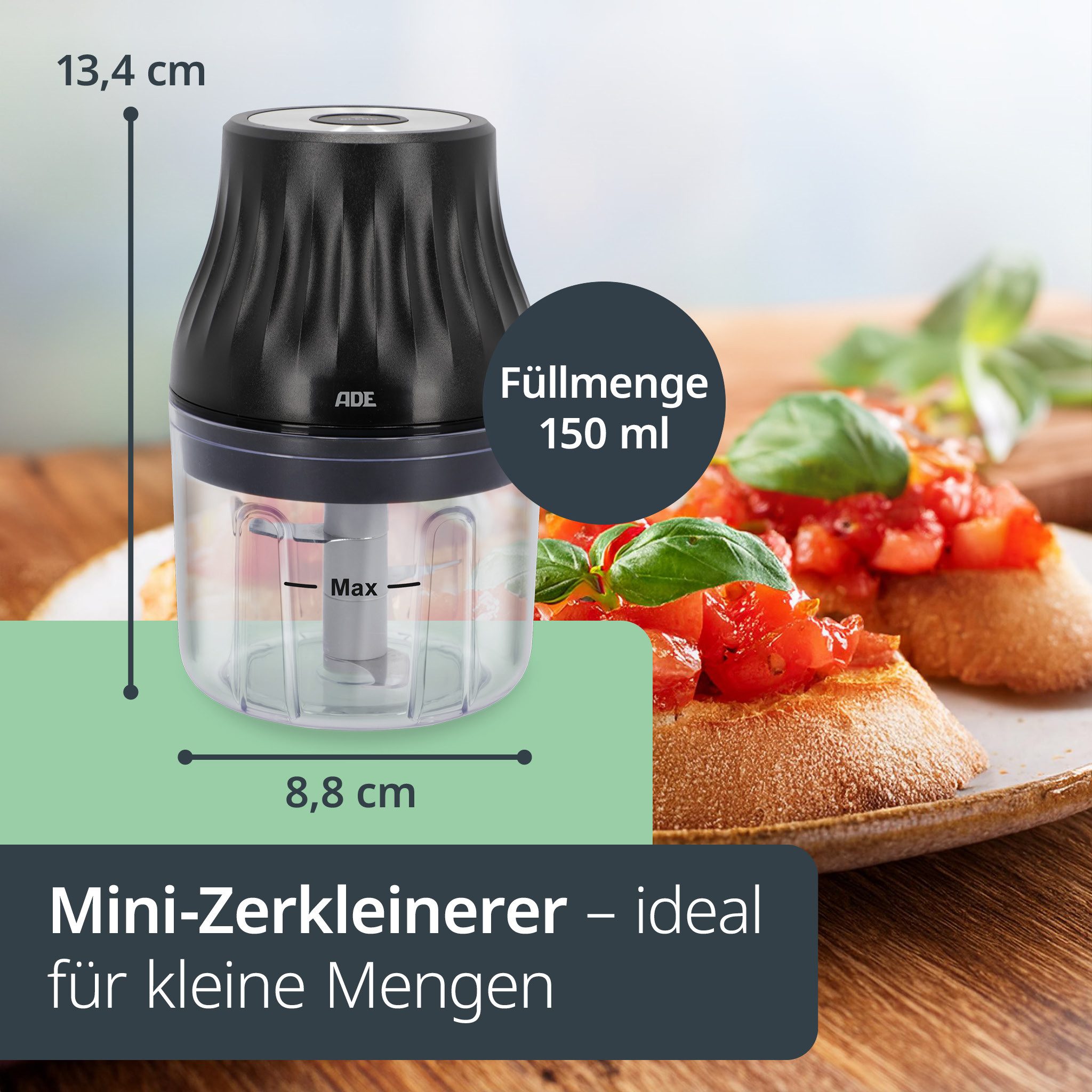 ADE Akku-Zerkleinerer elektrisch, Zwiebelschneider inkl. USB-C-Kabel, 45 W, Einhandbedienung, 150 ml Kapazität, perfekt für Pestos, Dips, Saucen