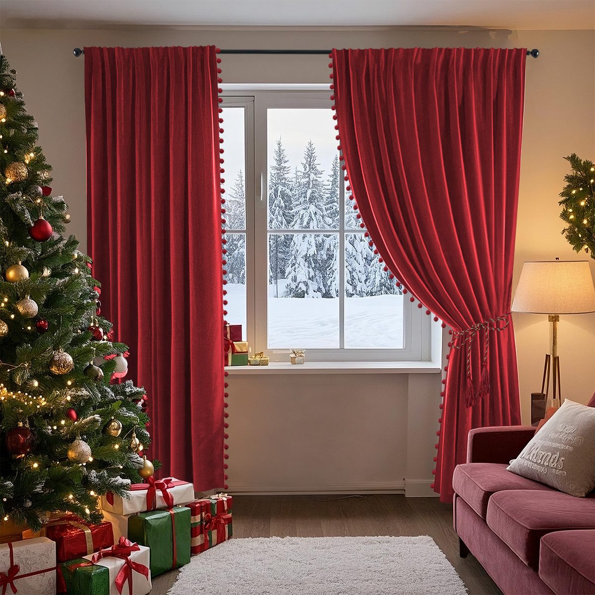 Jibenhome Gardine 2er Set Samt-Weihnachtsvorhänge Pompons, Rot/Grün Verdunk günstig online kaufen