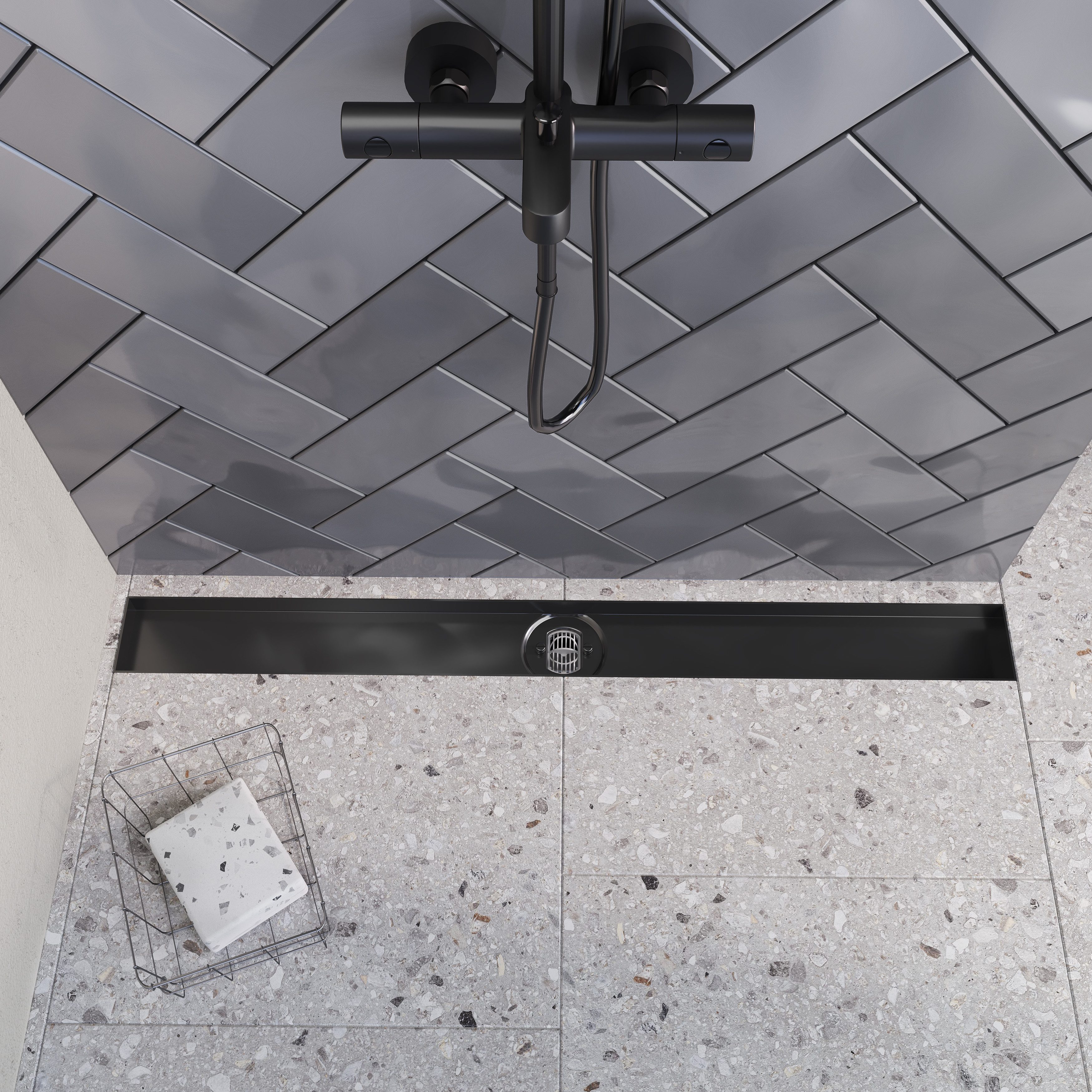 Aquabad® Duschrinne SDS Schwarzmatt Edelstahl Duschablauf, Haarsieb, Viega-Siphon, Komplett-Set, Blende: Bord