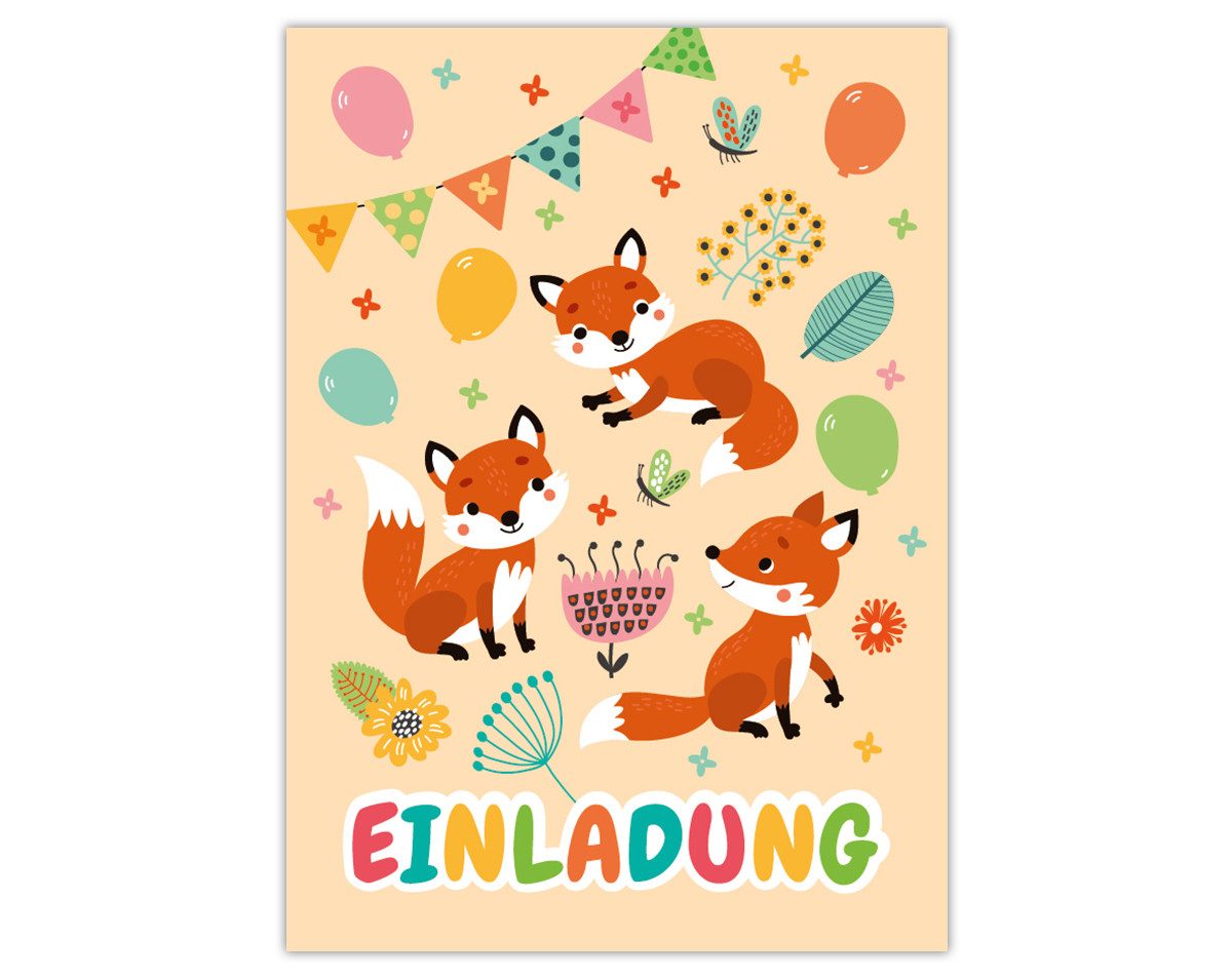 JUNAPACK Einladungskarten Fuchs Einladungen zum Kindergeburtstag Karten für Kinder Tiere Blumen, Einladungskarten zum Kindergeburtstag mit Fuchs Motiv Waldtiere