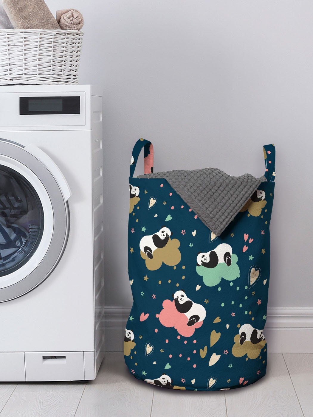 Panda mit Wäschesäckchen Wäschekorb Abakuhaus Punkte Griffen Doodle und Waschsalons, Kordelzugverschluss für Herz-Sterne