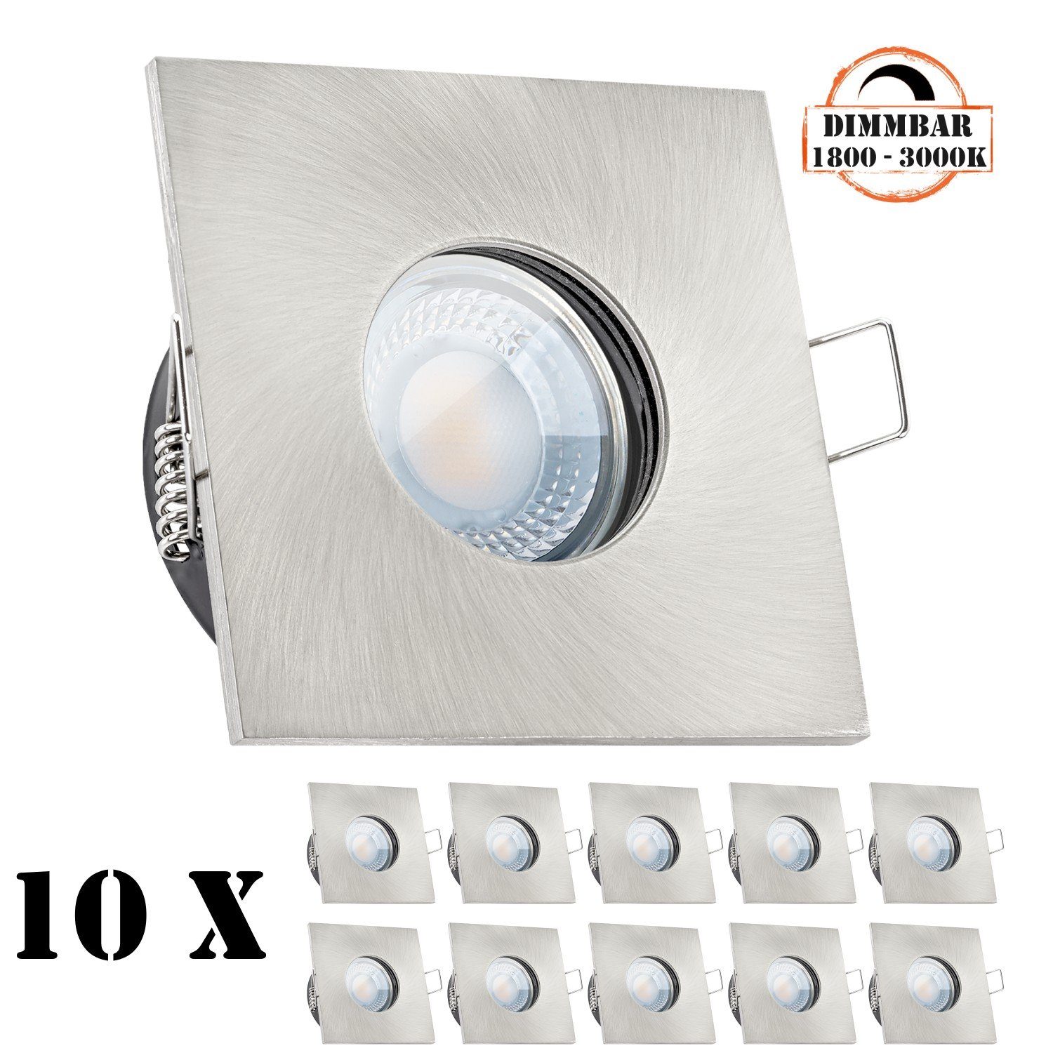 LEDANDO LED Einbaustrahler 10er IP65 LED Einbaustrahler Set extra flach in  edelstahl / silber gebürstet mit 5W LED von LEDANDO - dimmbare  Farbtemperatur 1800-3000K Warmweiß - 60° Abstrahlwinkel - 50W Ersatz -  dimmbar - eckig - Badezimmer