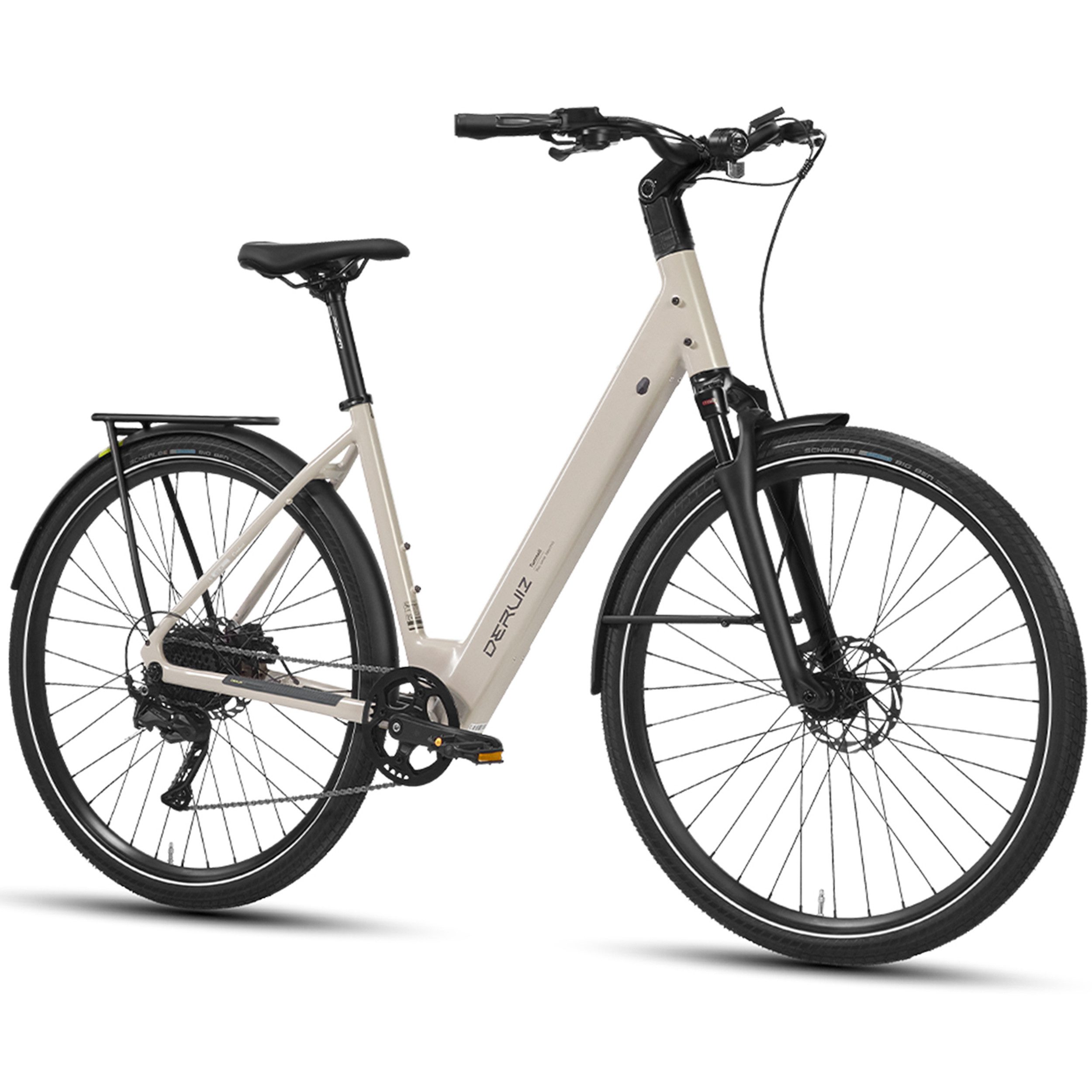 DERUIZ E-Bike Cityrad 28 Zoll, 110km, Kettenantrieb/Riemenantrieb, Bluetooth und APP, 9 Gang Shinamo, Kettenschaltung, Heckmotor, 360 Wh, (Traglast ca. 140kg, RH: 48,5cm, Tiefeinsteiger, für Damen und Herren), Kadenz- und Drehmomentsensor, 80Lux Licht, Elektrofahrrad